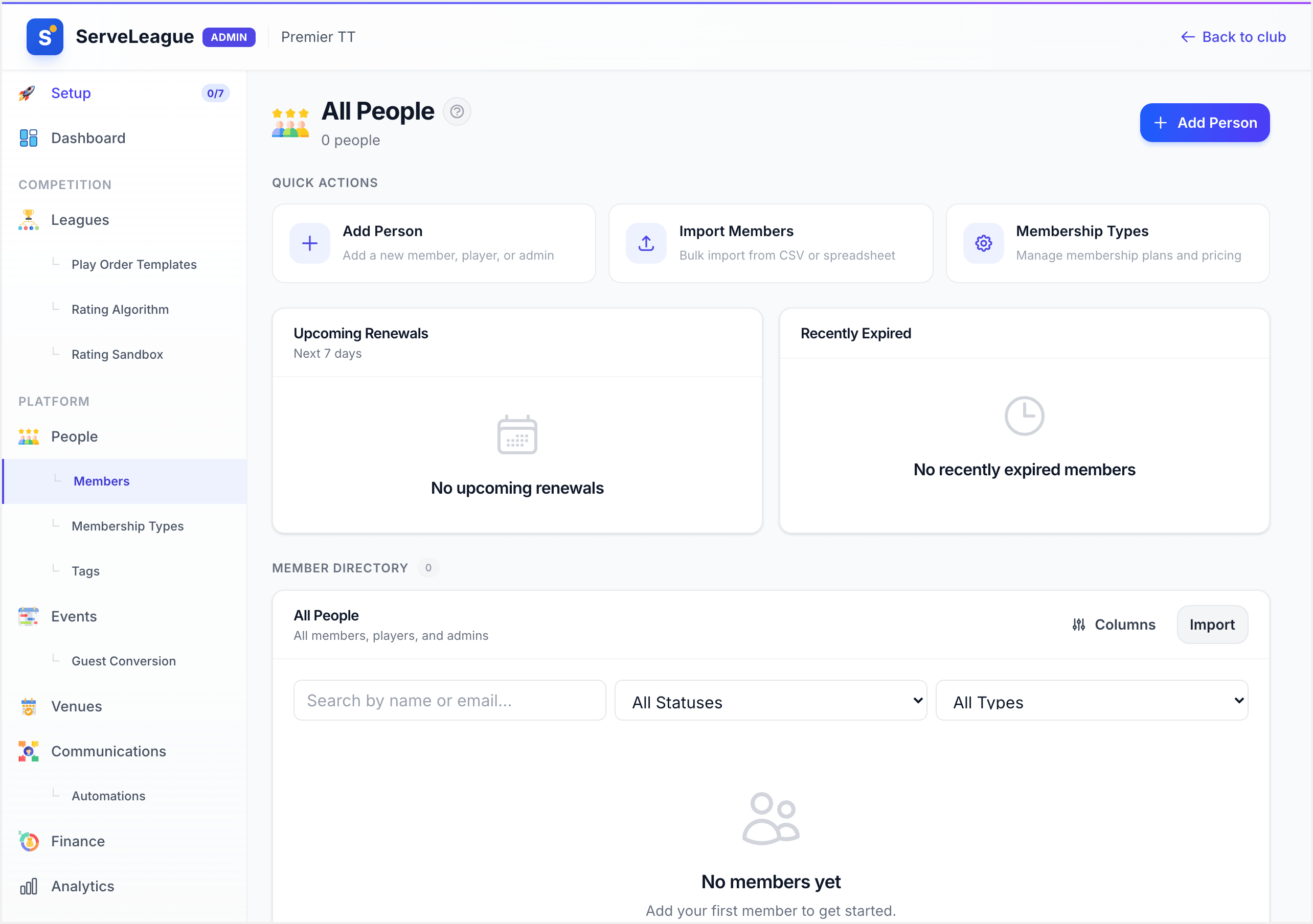 Payment status indicators on member profiles showing paid, pending, and overdue states