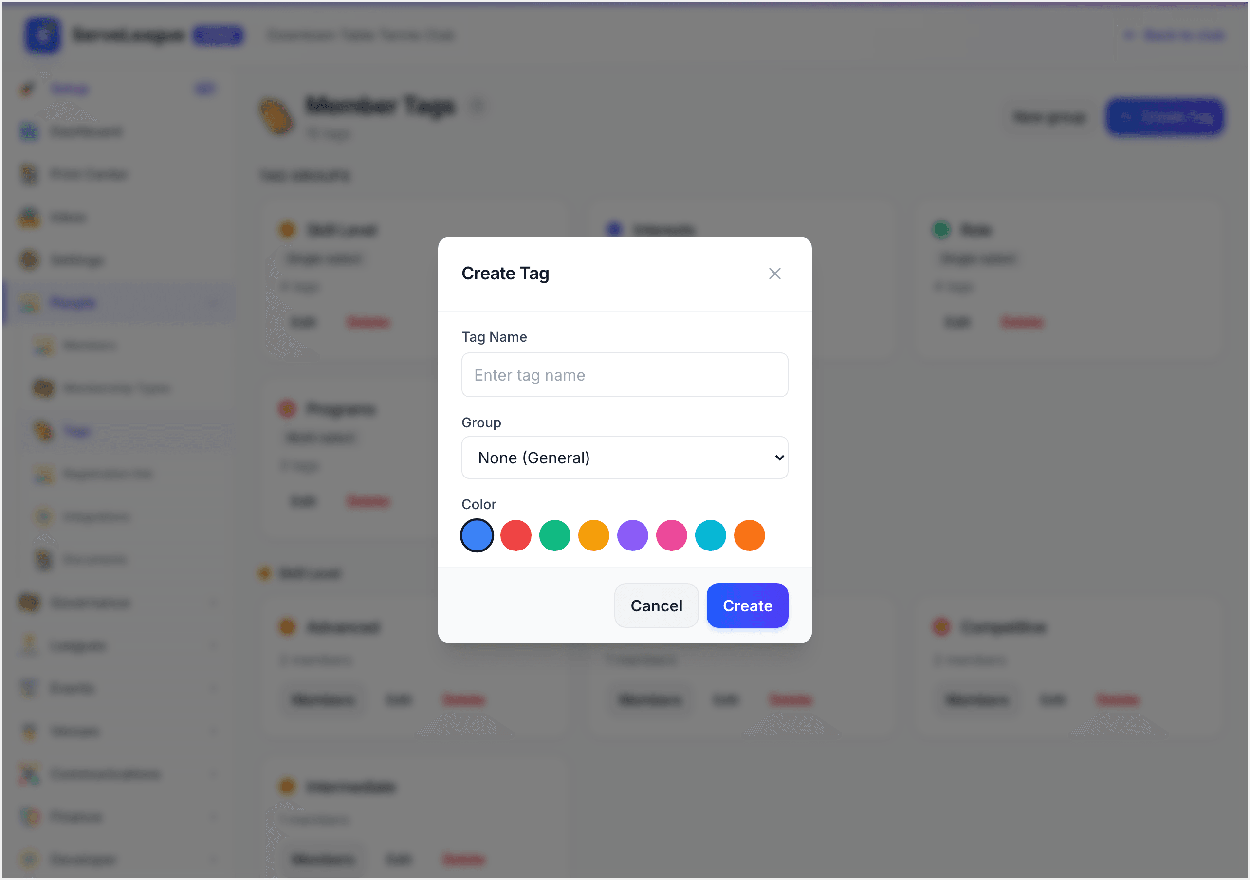 The Create Tag form showing the name field and color picker with eight color options