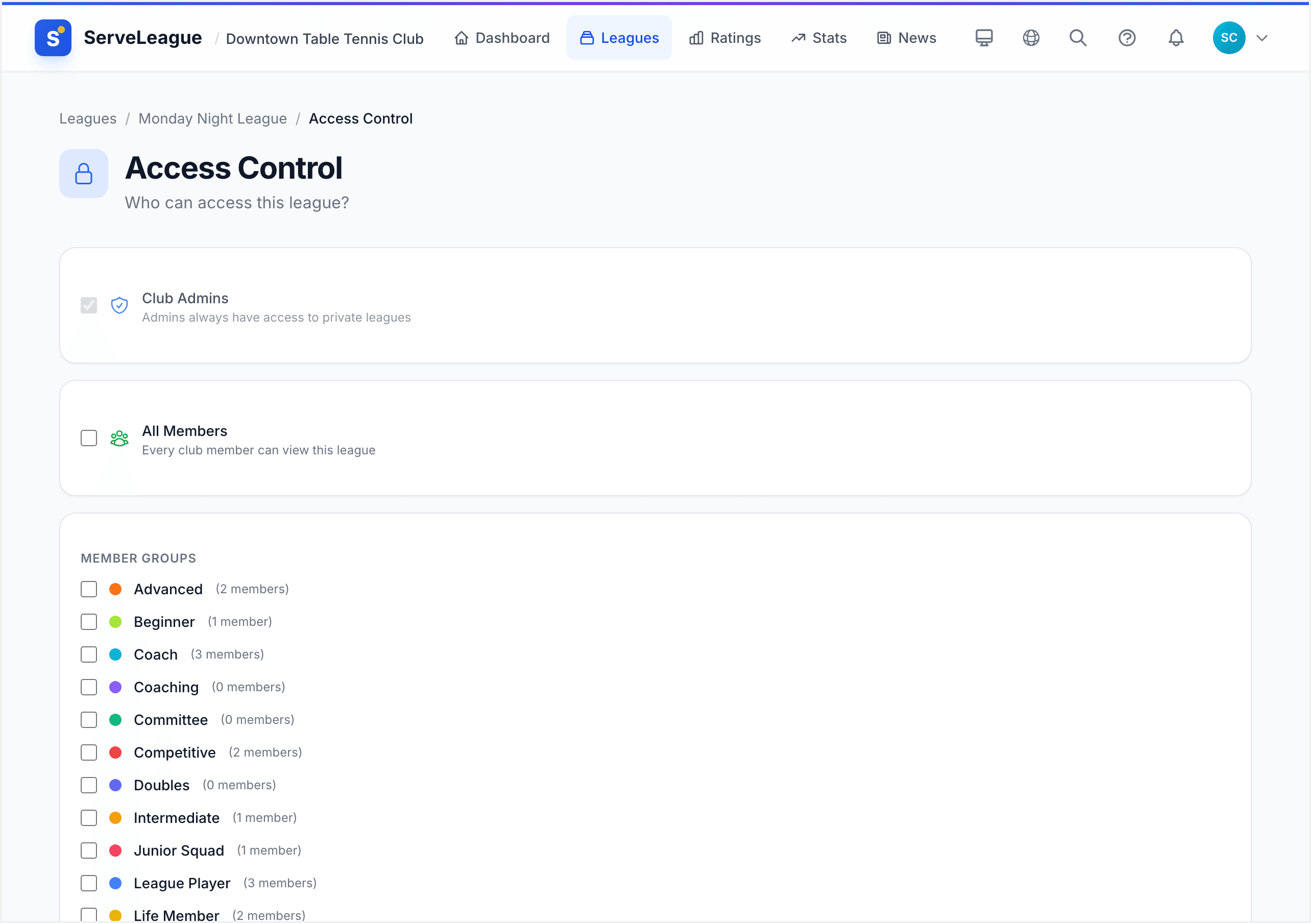 League access control panel showing tag-based access with checkboxes next to each tag name