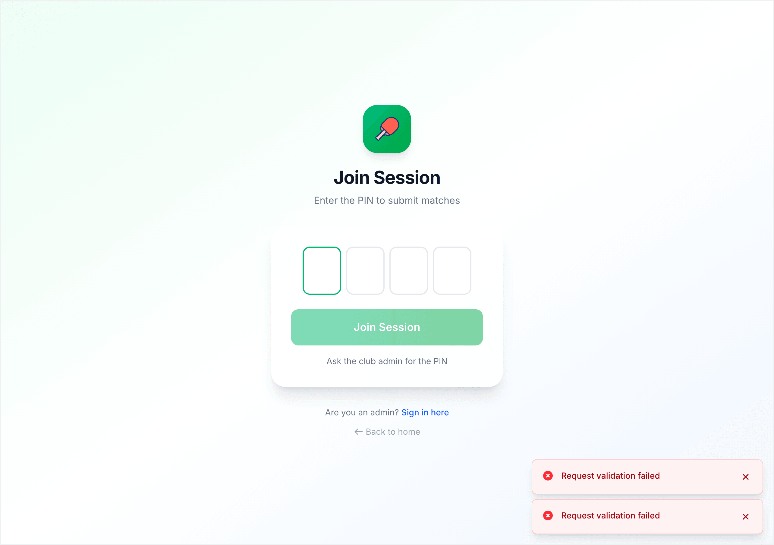 The join page showing four PIN entry boxes on a green gradient background