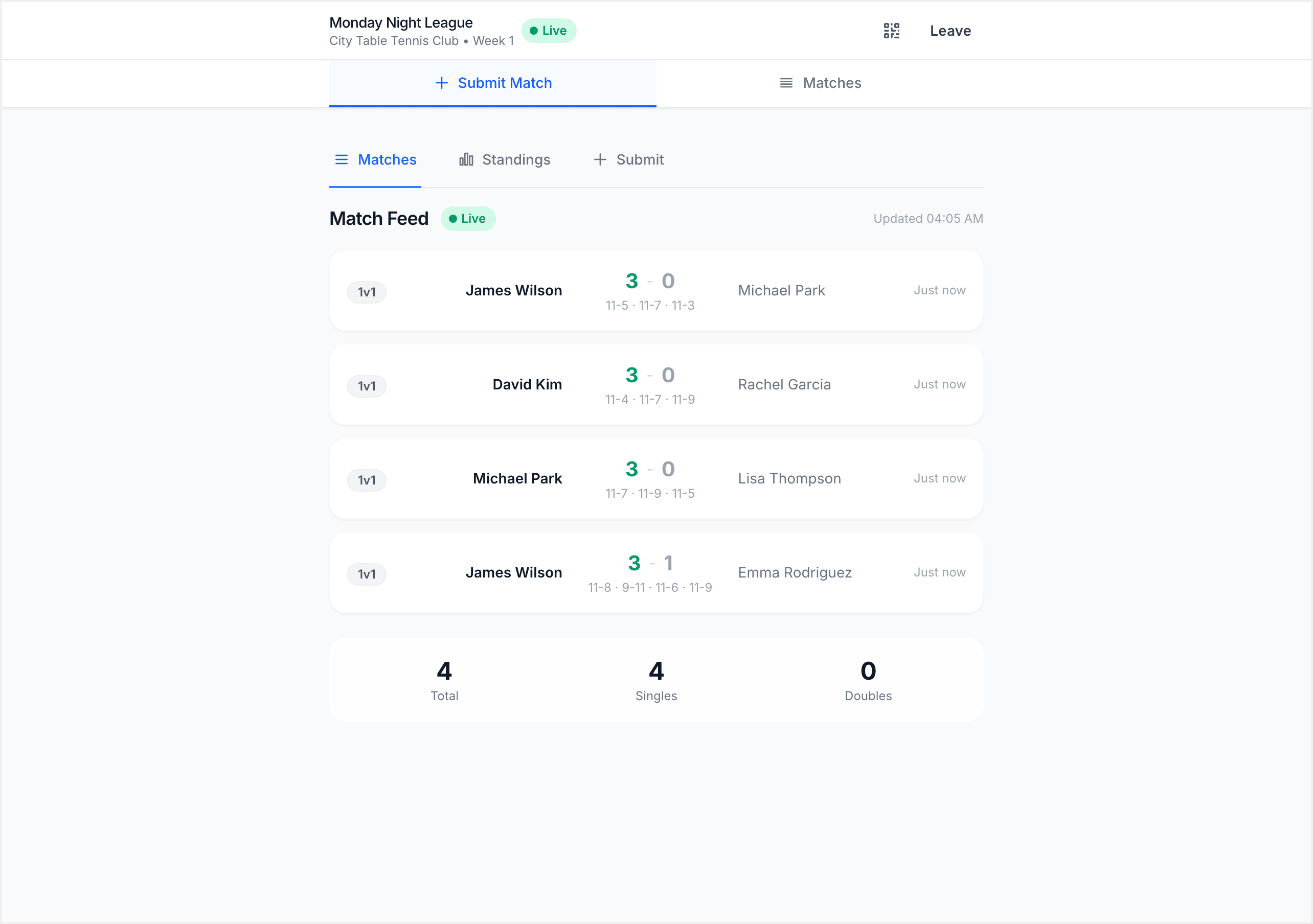 Score submission form showing player selection and set score entry