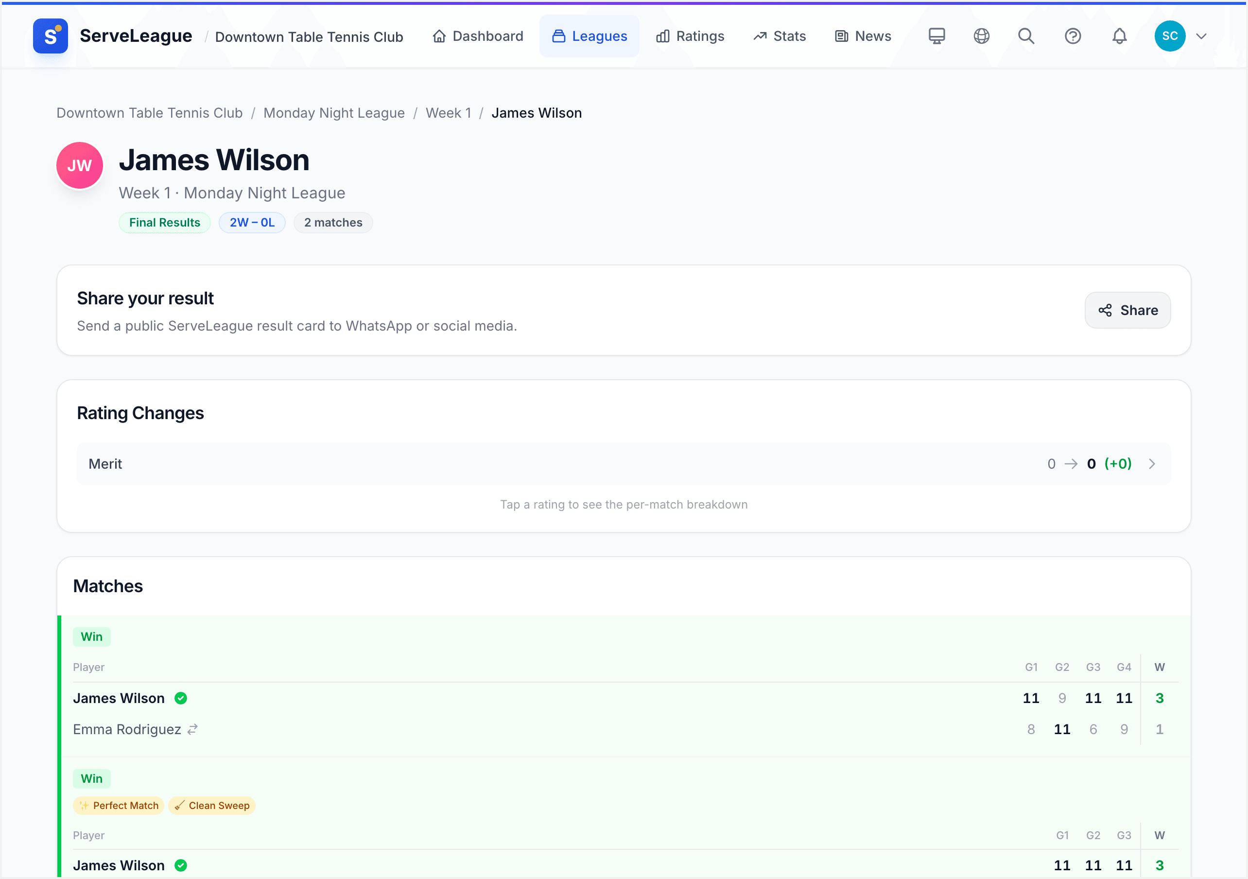 Player session results page showing match outcomes and rating changes