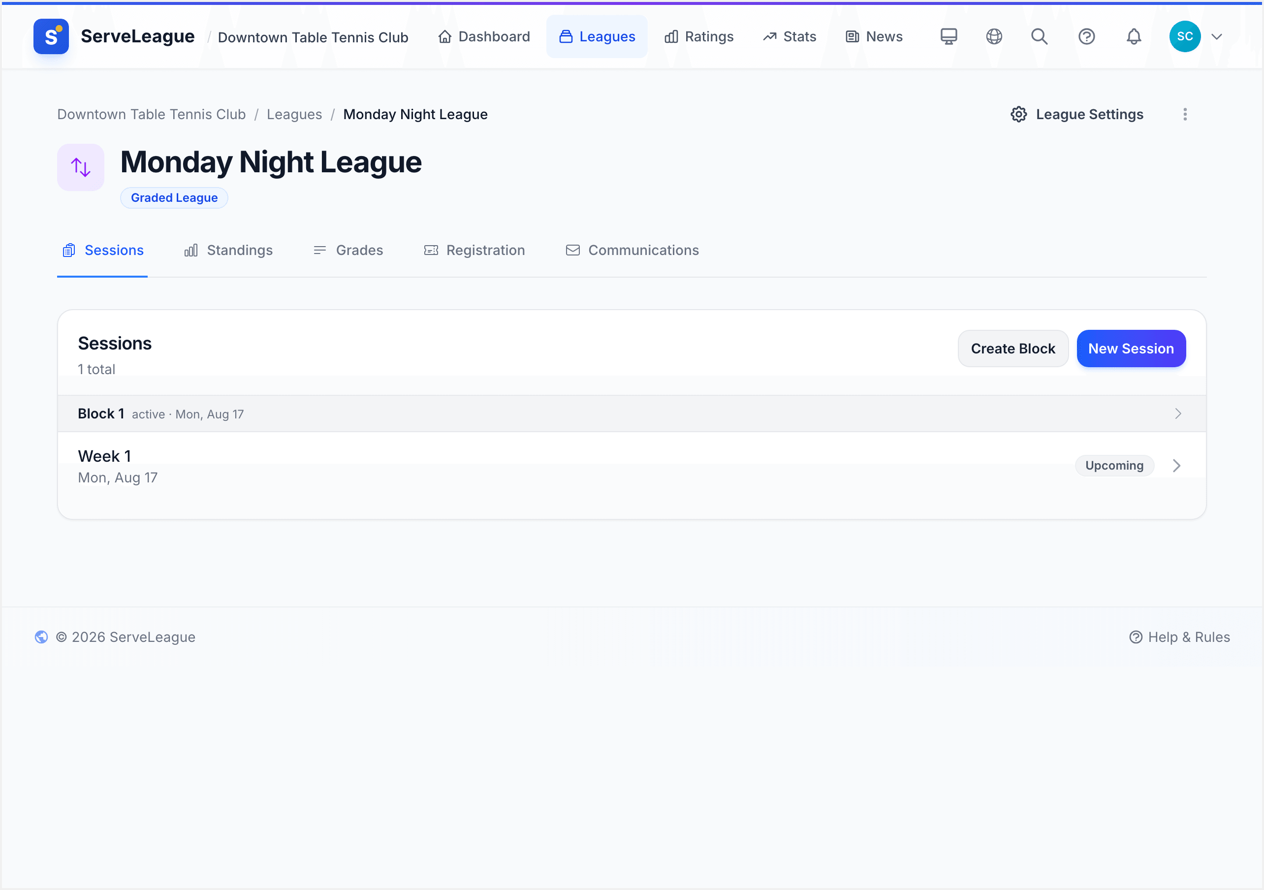Public registration page showing league details and registration form