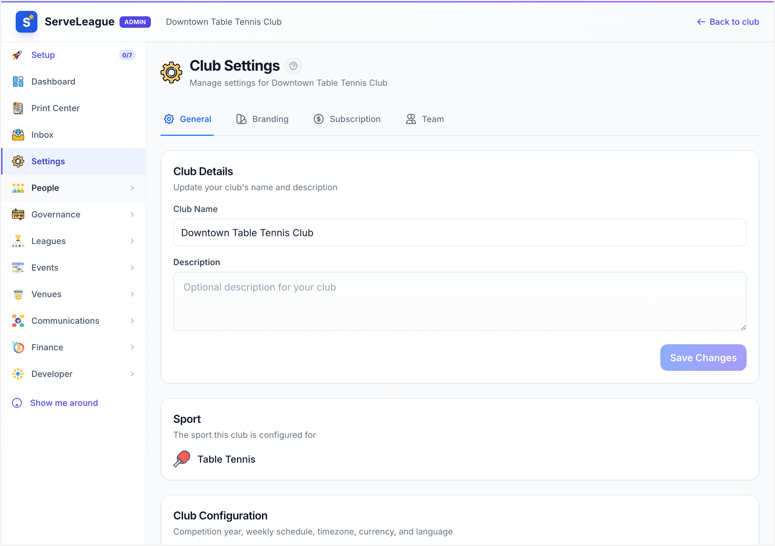 Registration settings panel in league configuration