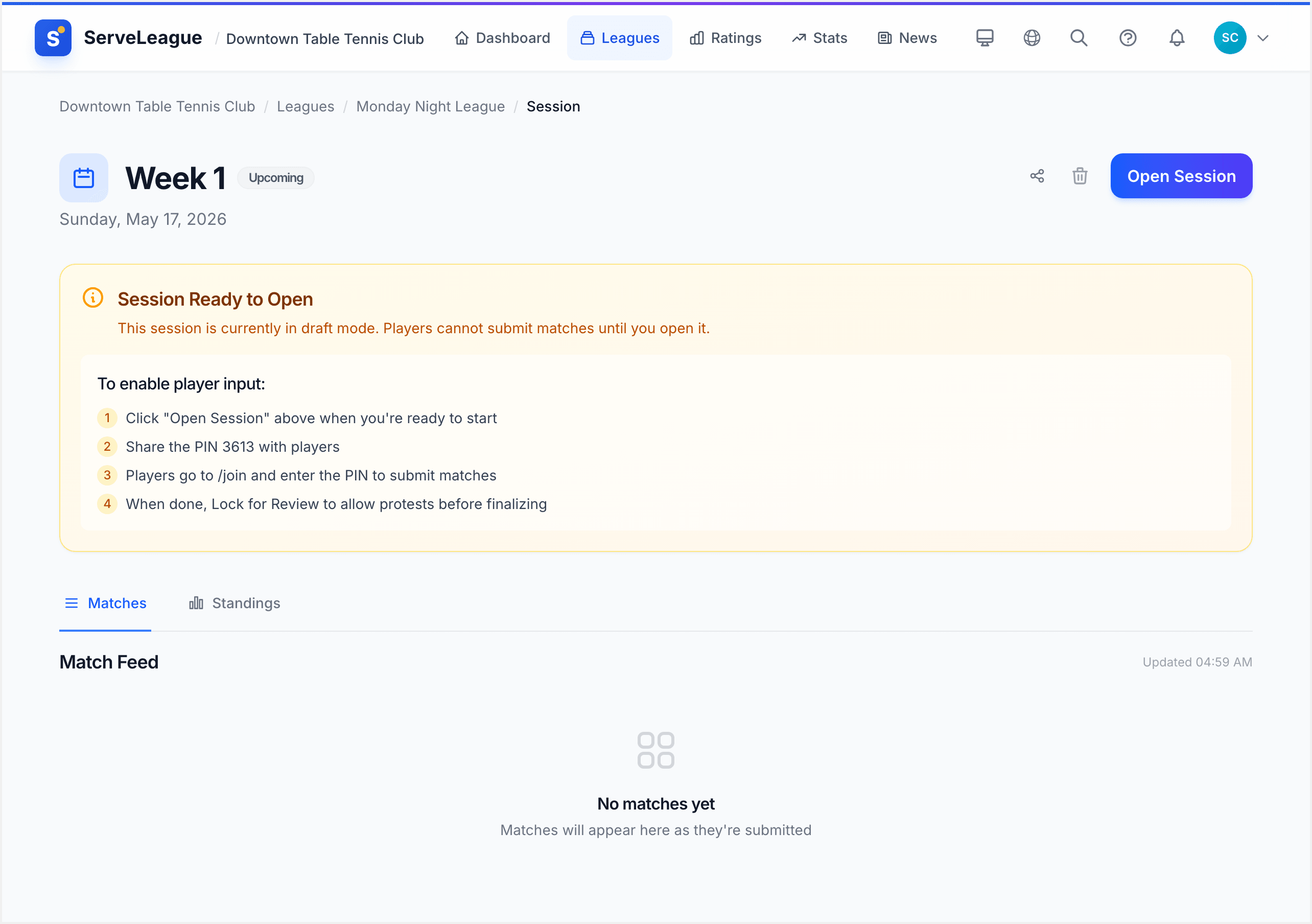 Waitlist management showing waitlisted players with promote buttons