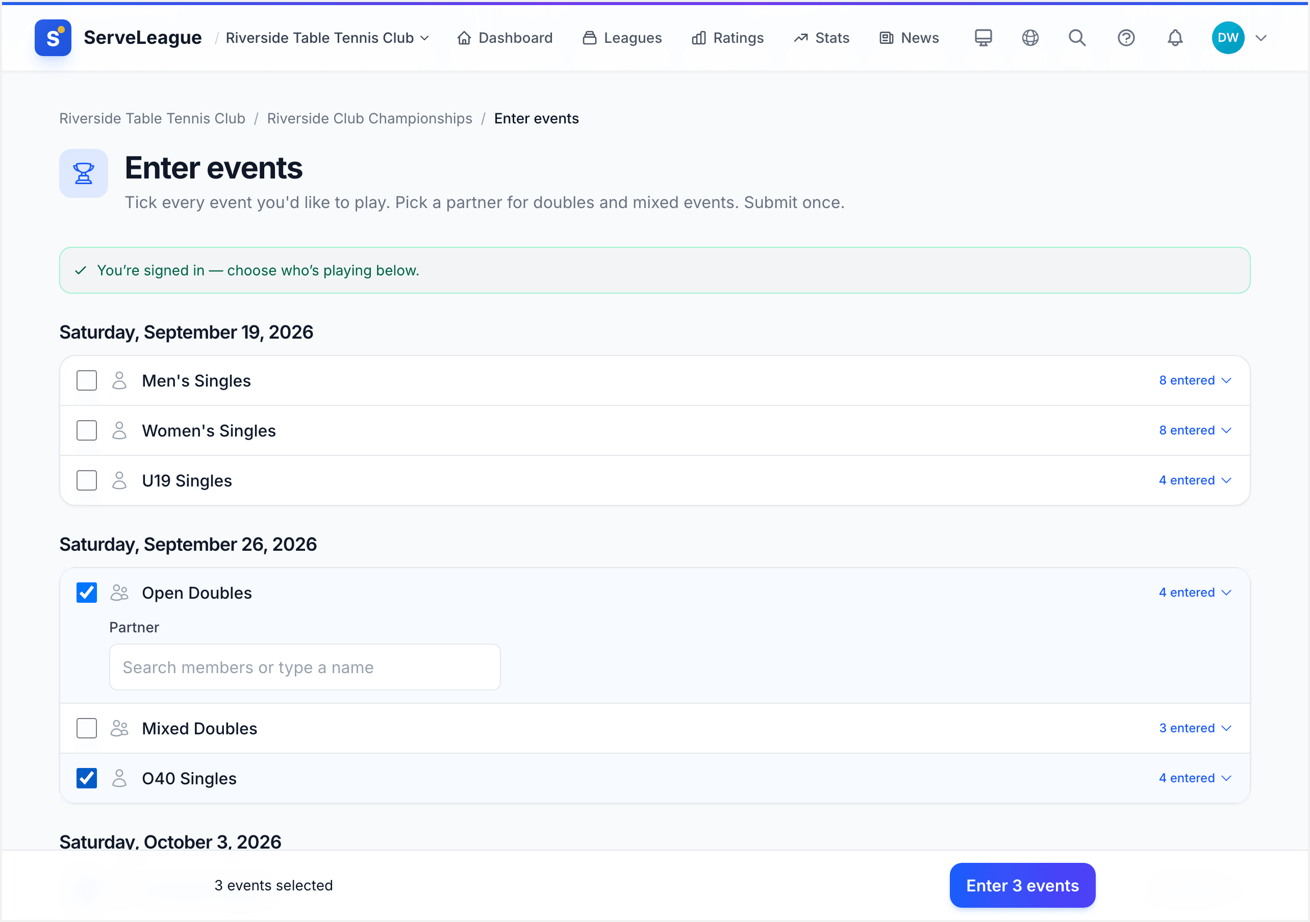 Championship entry page where a player can select several events