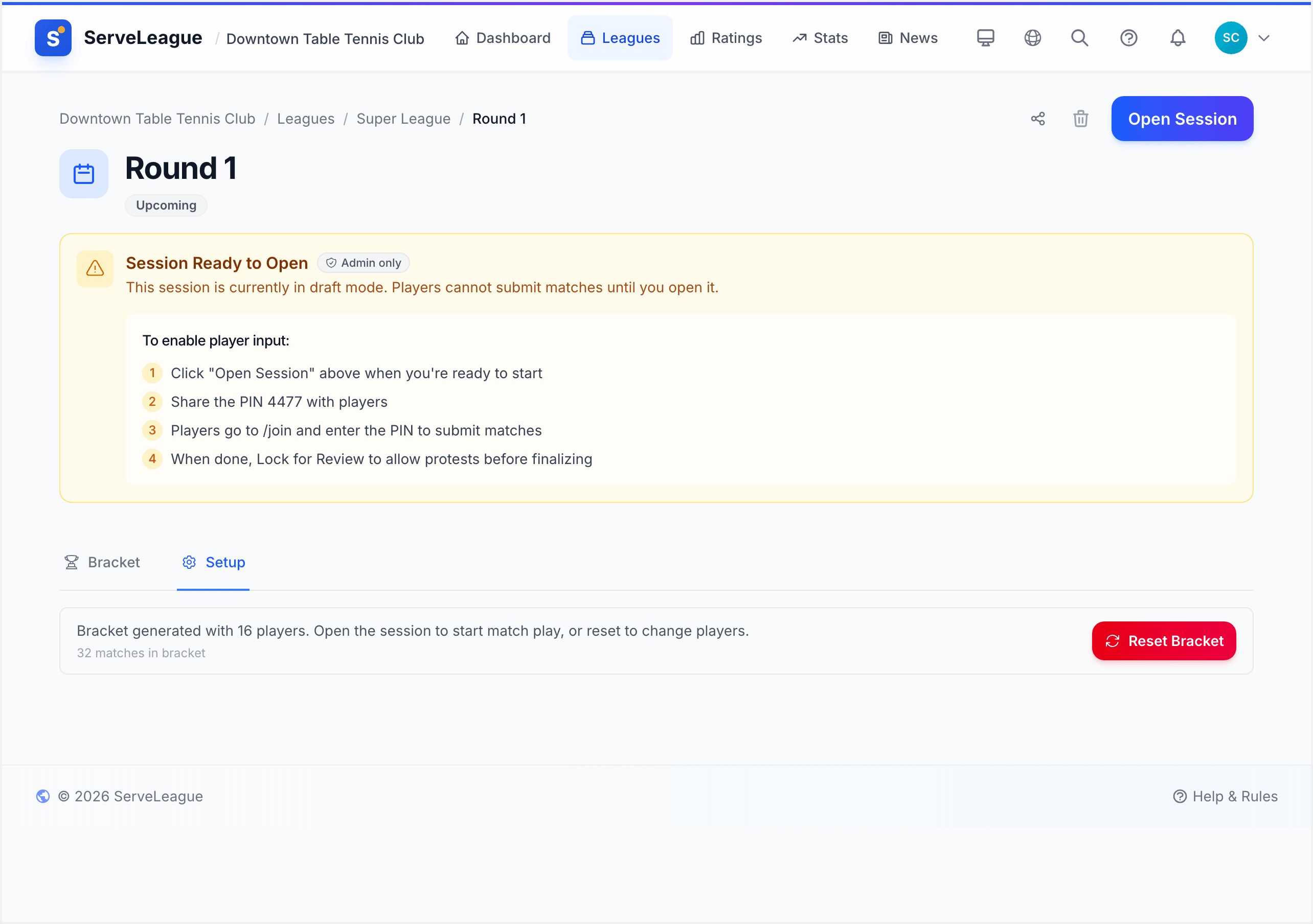 Bracket view with match results and tier progression