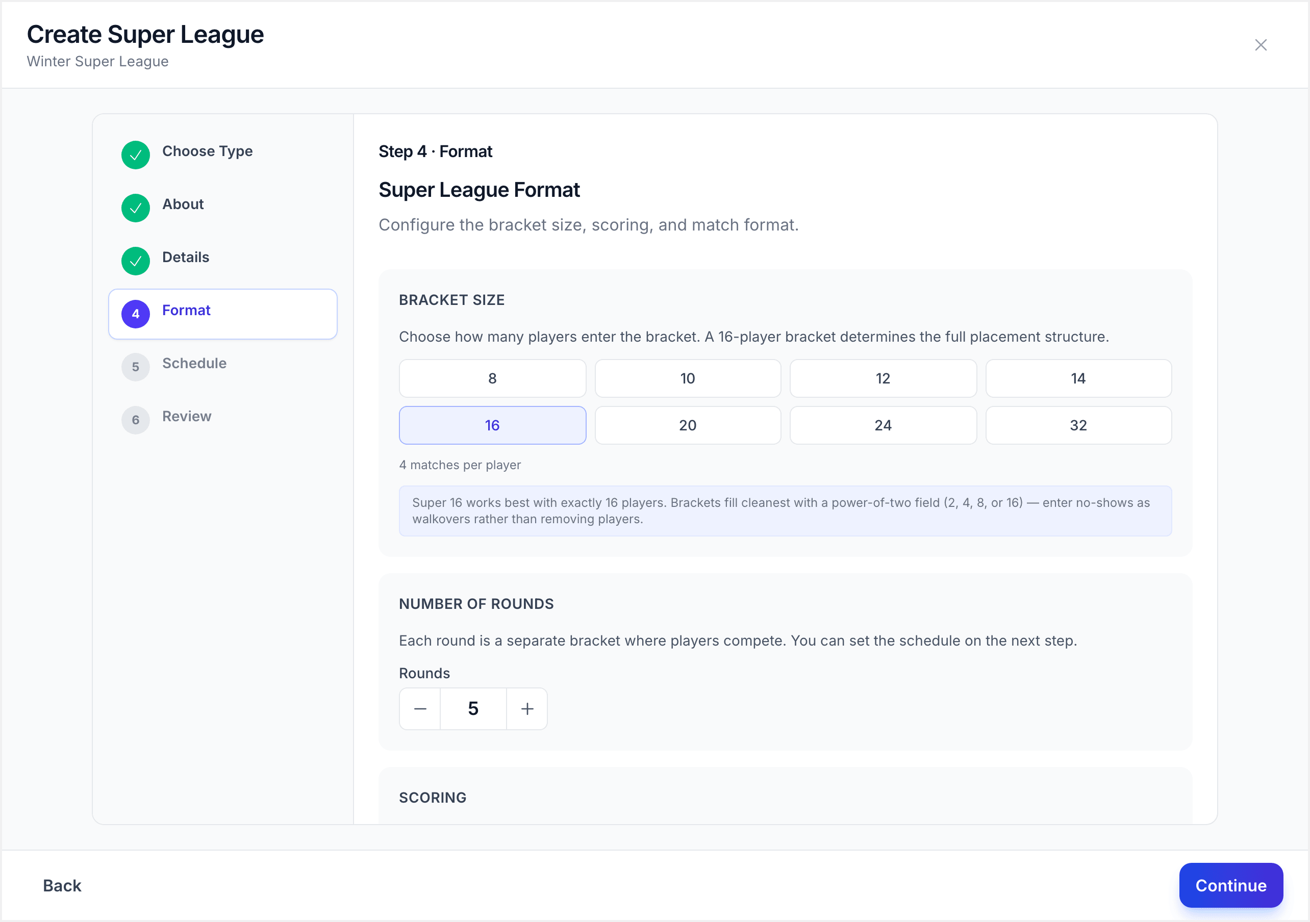 Wizard Format step showing bracket size and scoring options