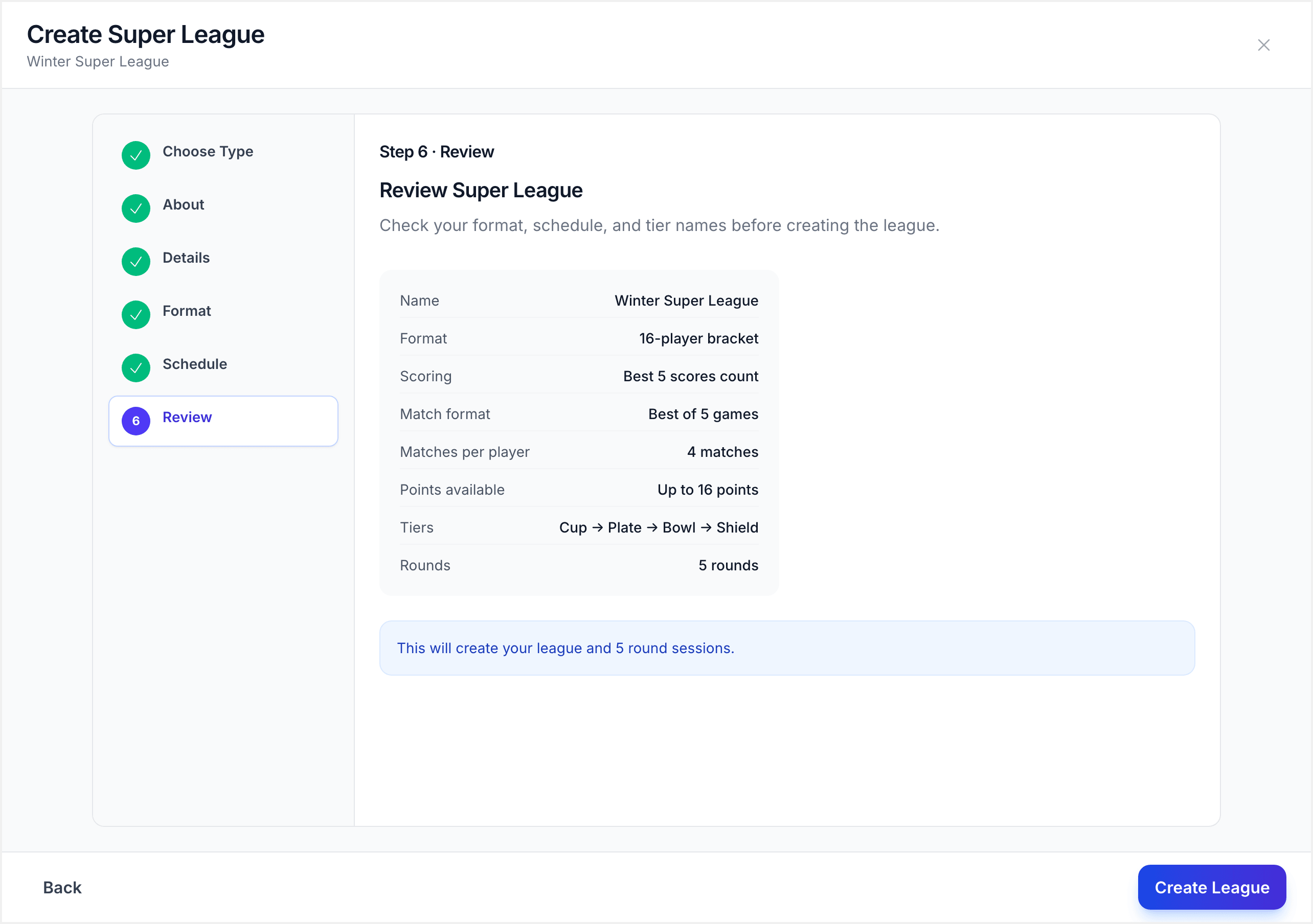 Wizard Review step with league summary