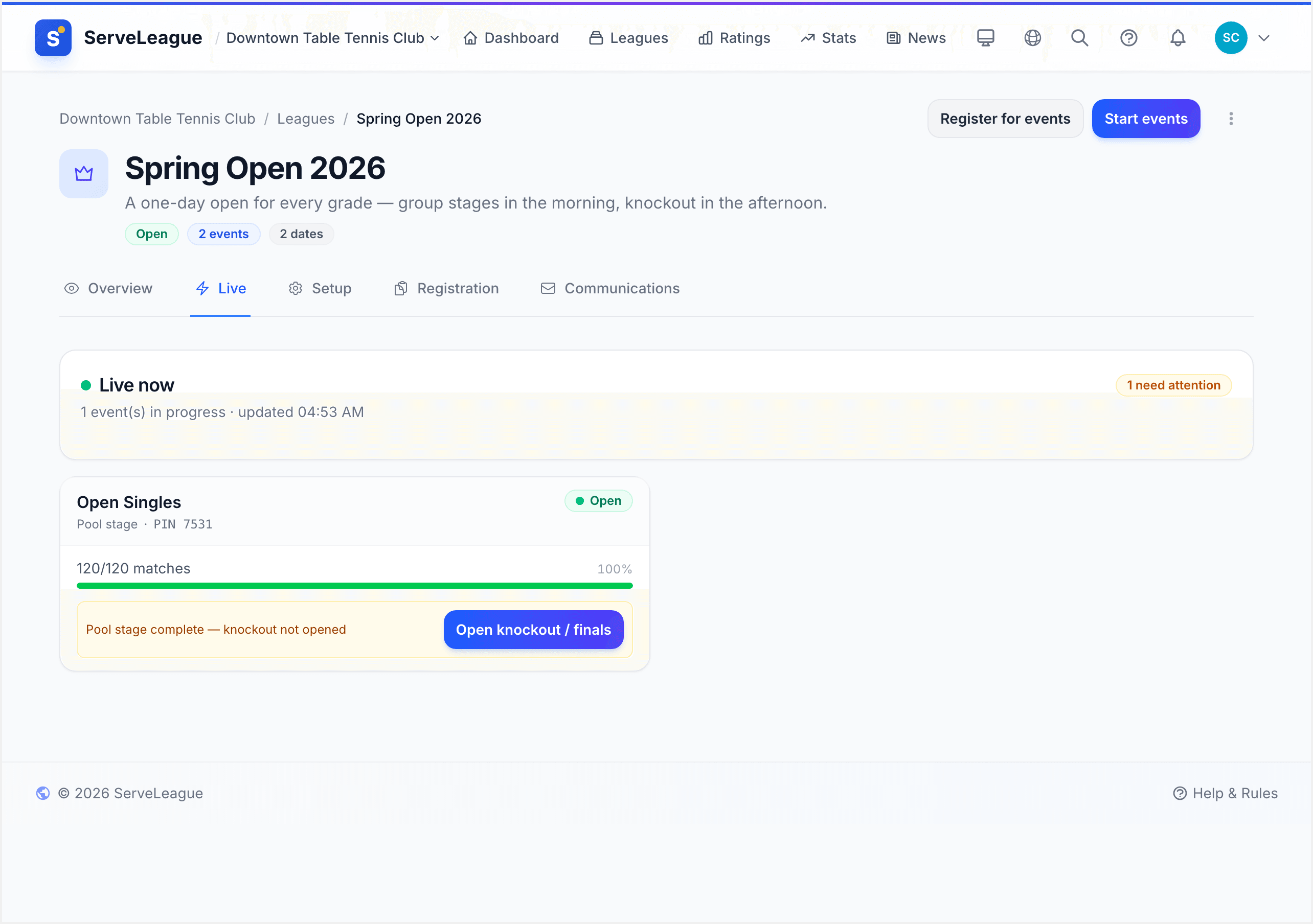The Live tab showing matches in progress across the tournament