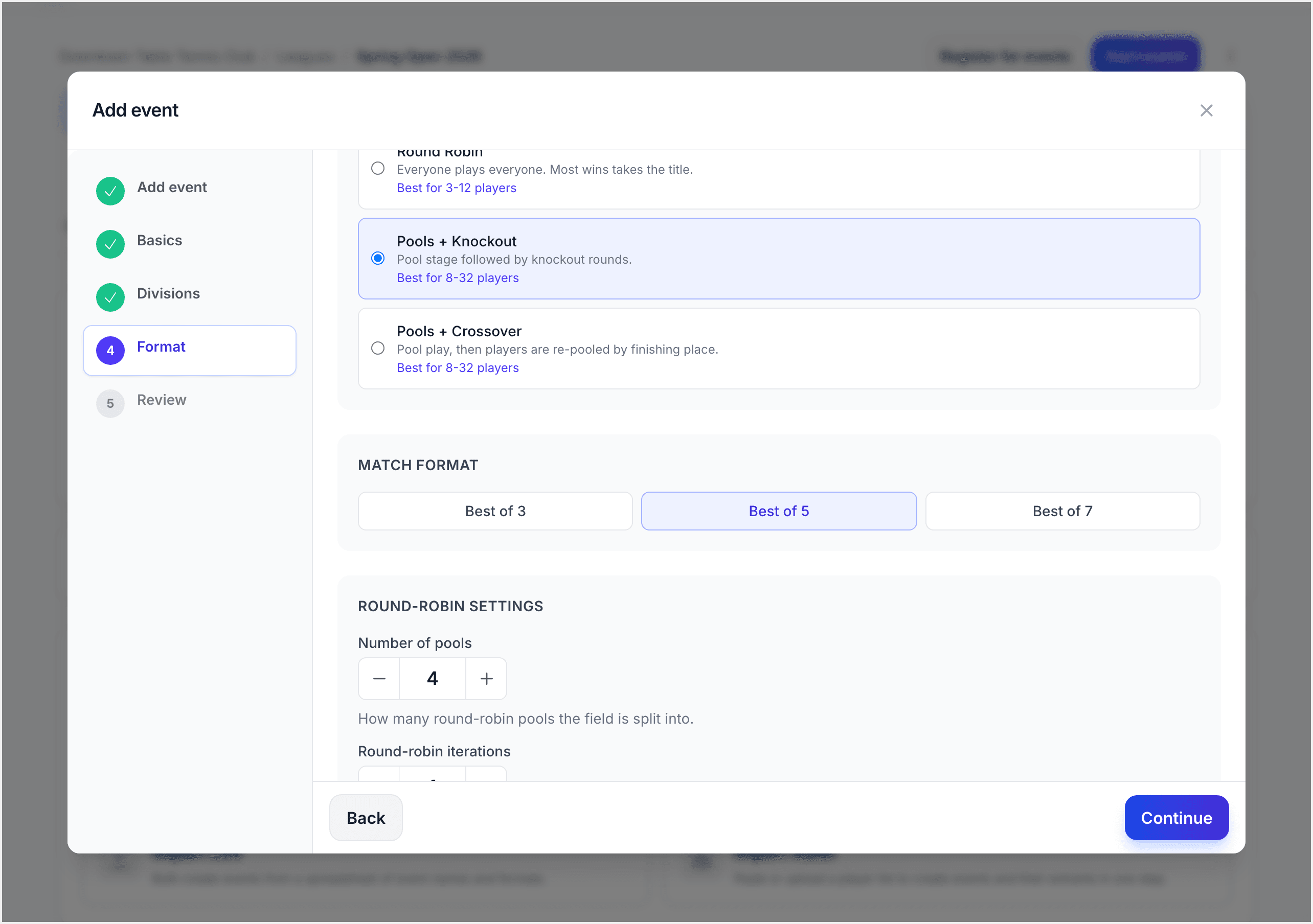 Match format configuration showing best-of options and consolation settings