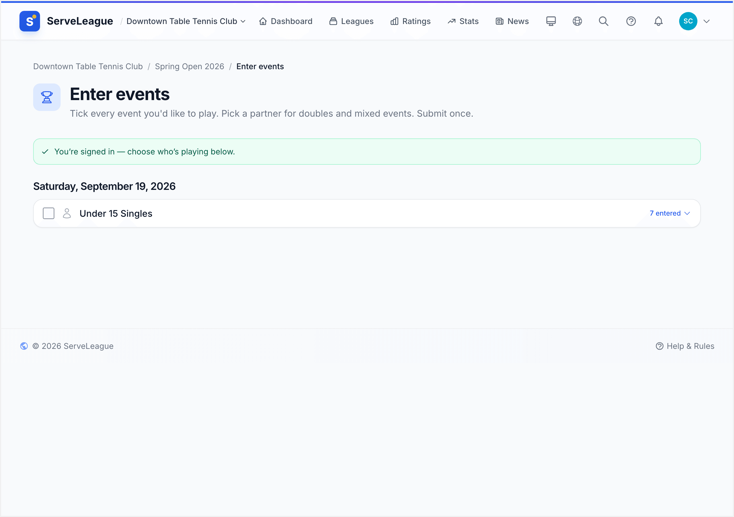 Tournament entry form listing every event a player can enter