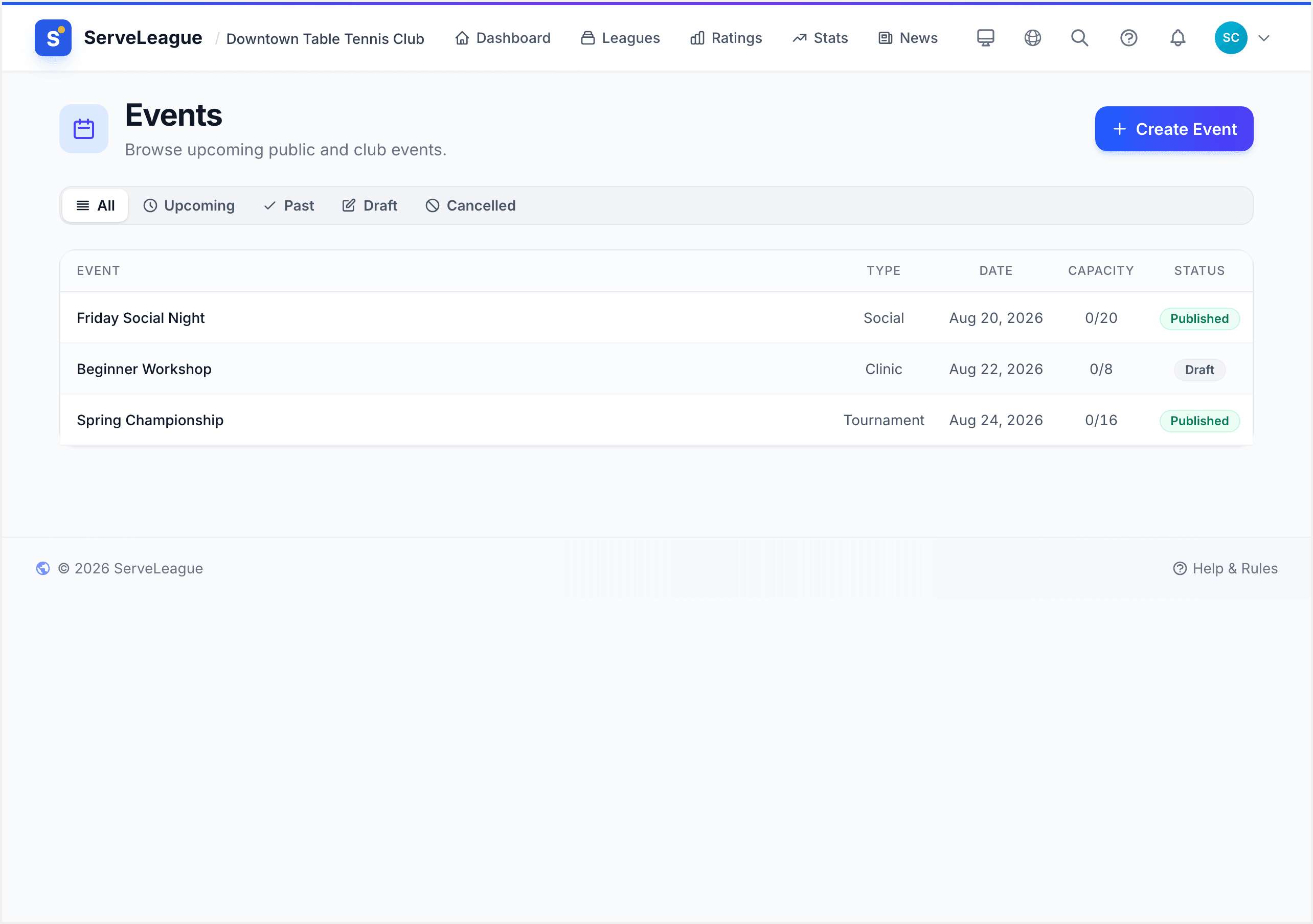 Event detail page showing capacity bar, waitlist count, and a "Join Waitlist" button