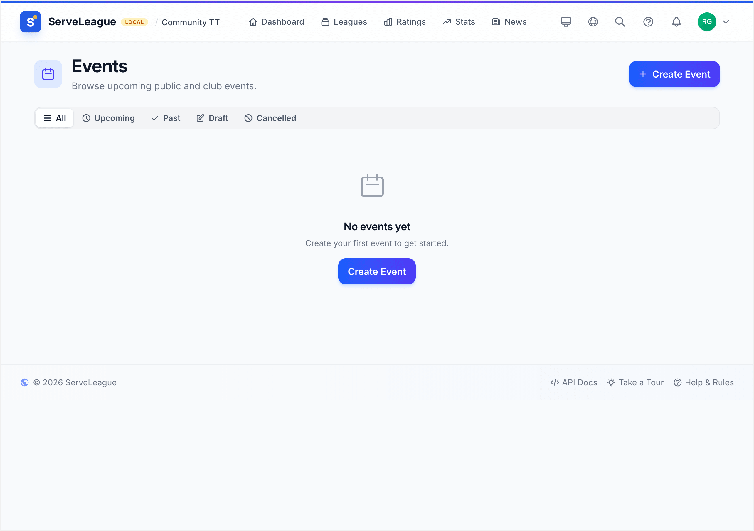 List view showing upcoming events in chronological order with registration counts