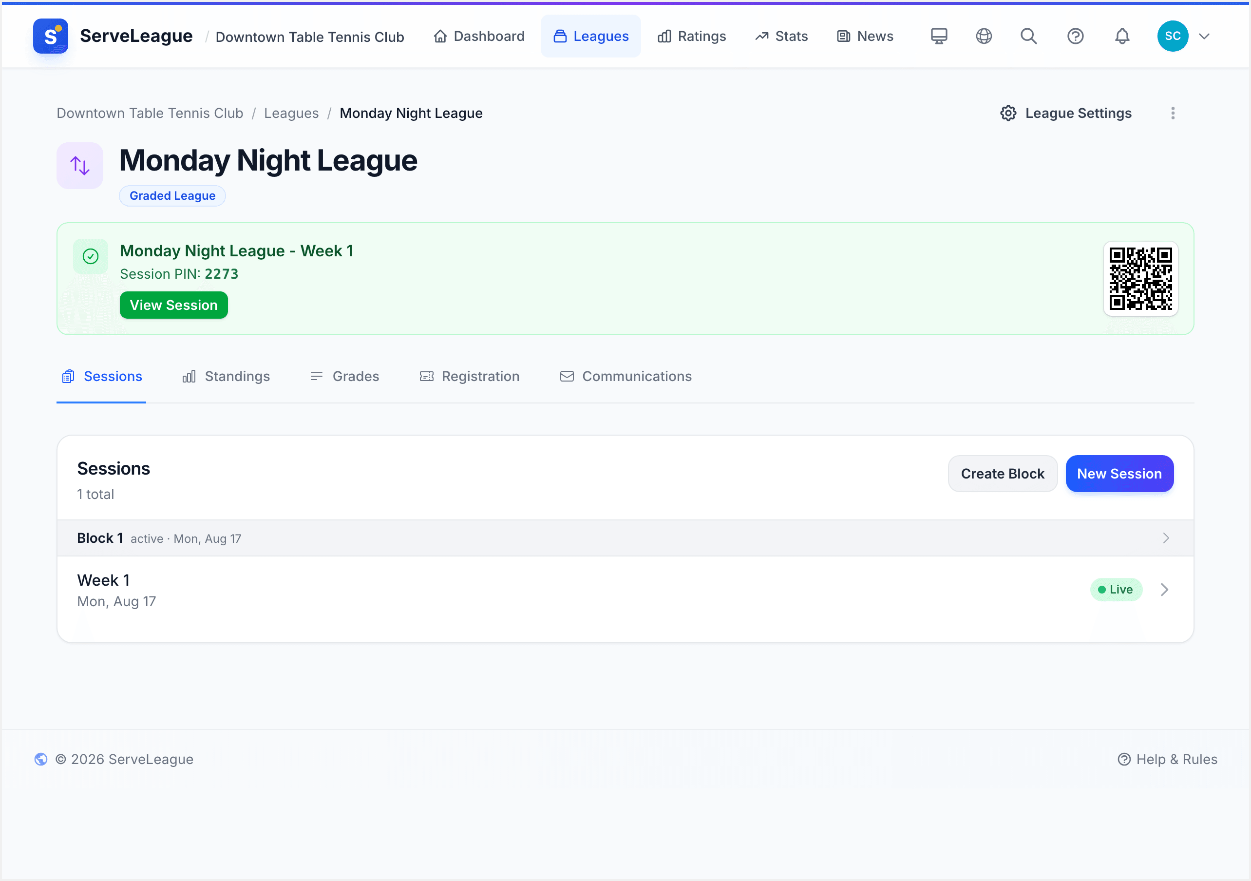Create Session form with date picker and optional name field