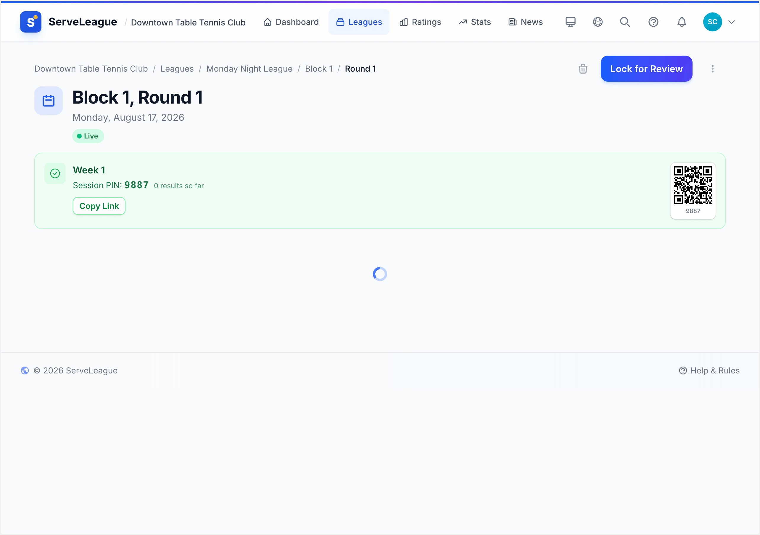 Session page showing the 4-digit PIN code for player check-in
