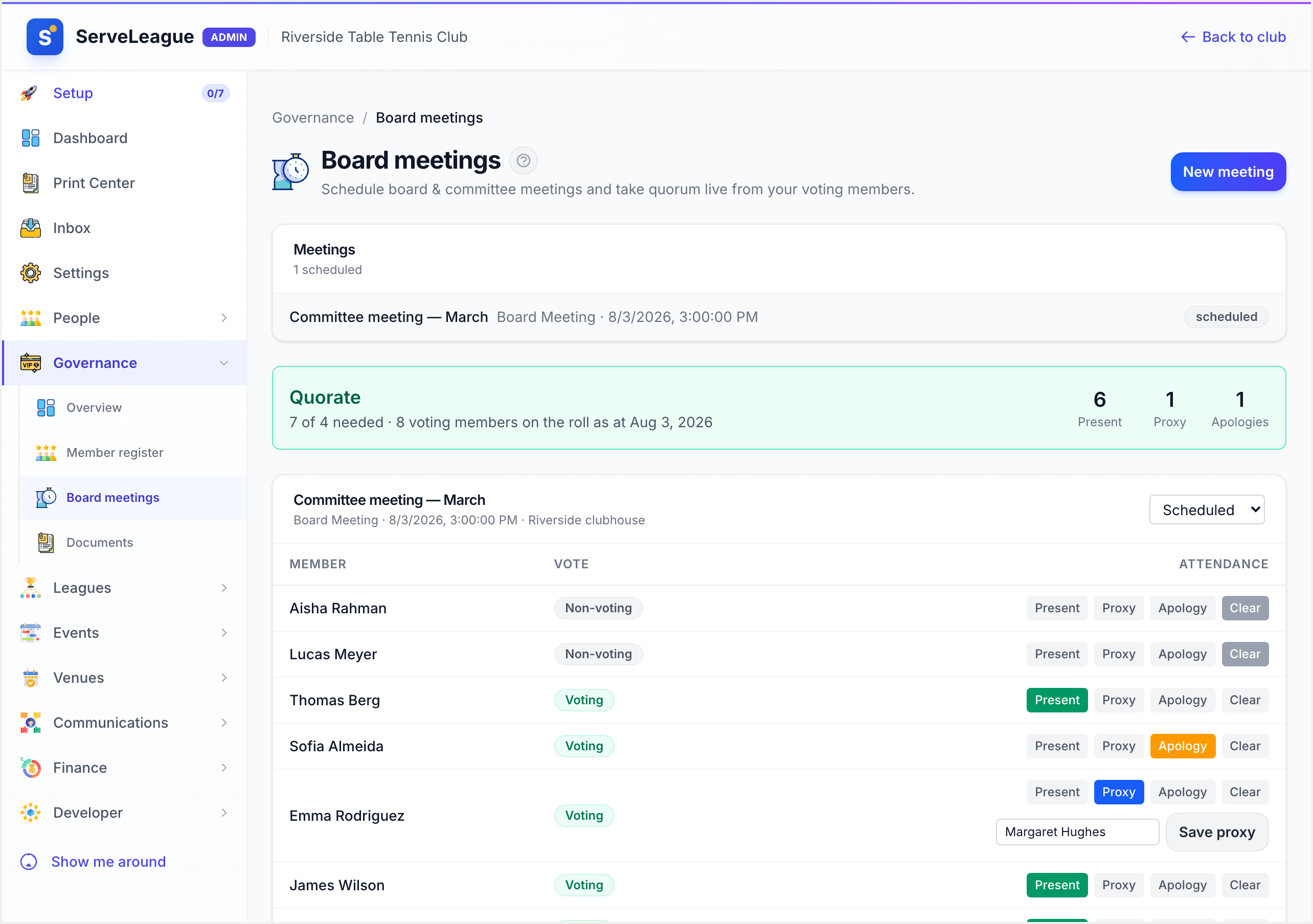 A quorate board meeting in ServeLeague: the green Quorate banner shows present, proxy and apology counts against the threshold, above the attendance roll derived from the register with per-member Present / Proxy / Apology controls
