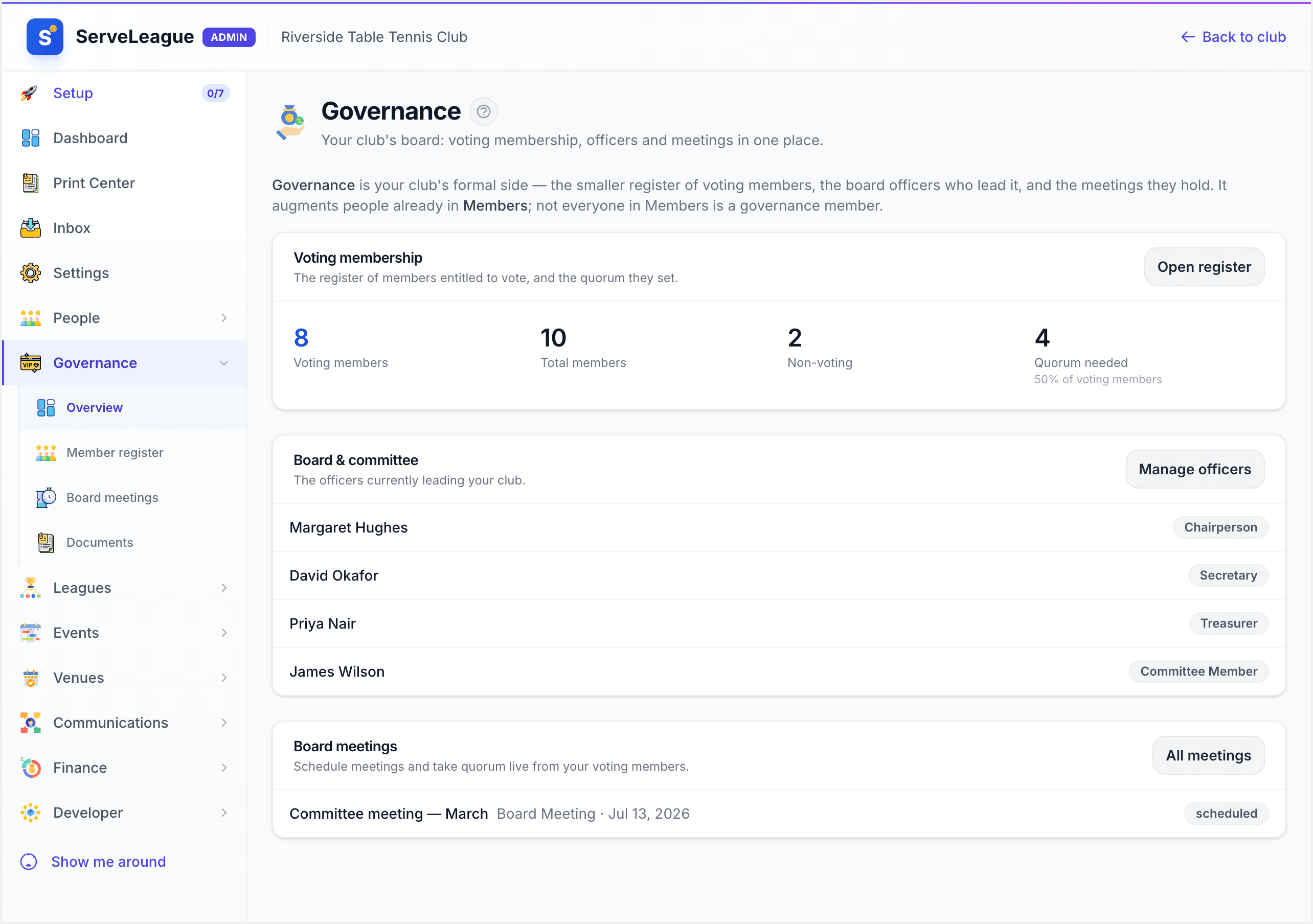 The Governance overview with the live quorum snapshot — current members, members entitled to vote, non-voting members and the quorum threshold — above the committee and recent board meetings