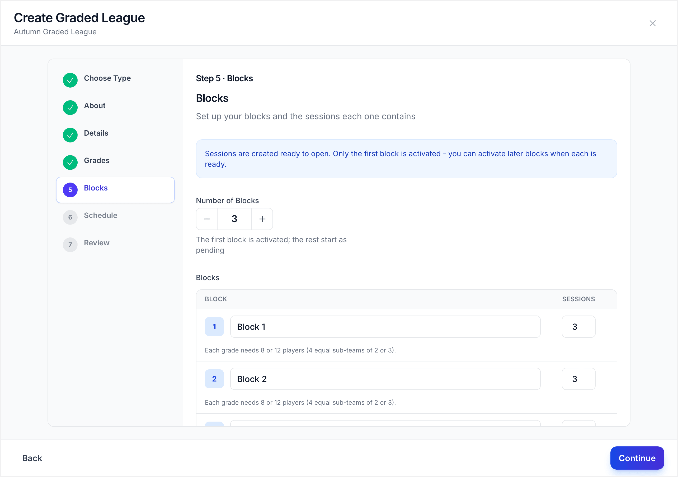 First block setup with name and session count