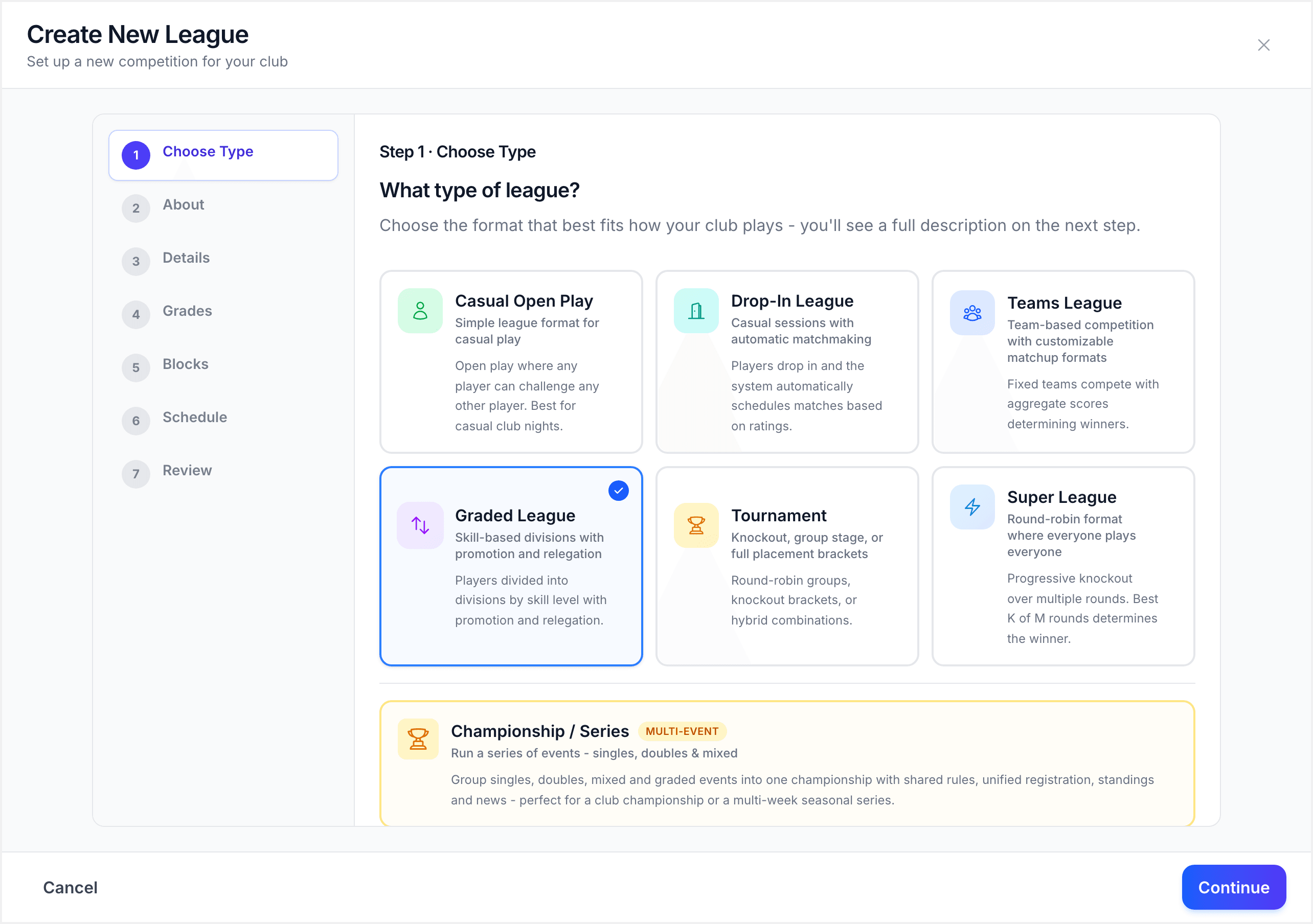 Selecting the Graded League format in the wizard