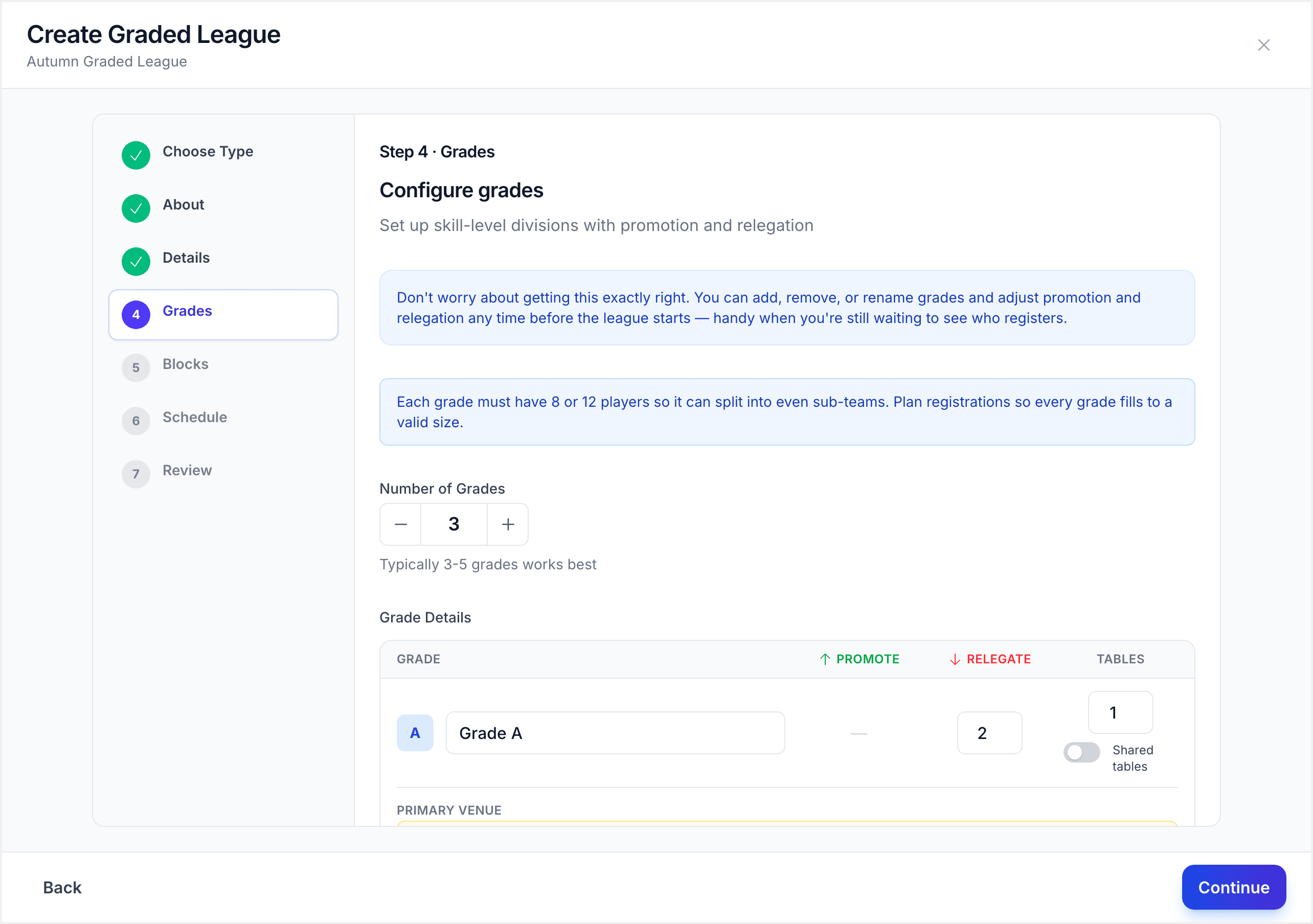 Grades configuration step showing four grades with promotion and relegation spots