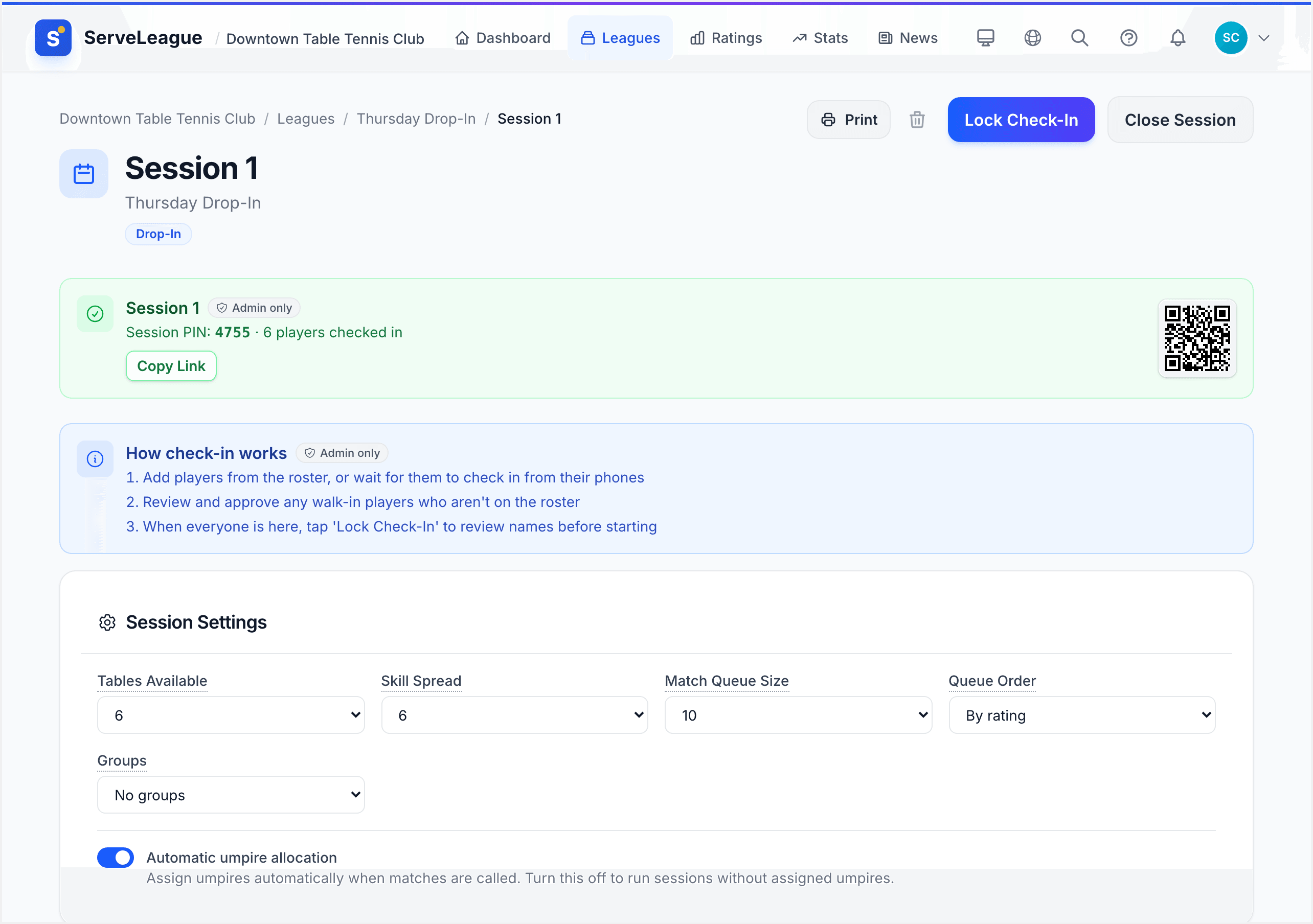 Drop-in session check-in screen showing PIN, checked-in player list, and admin controls
