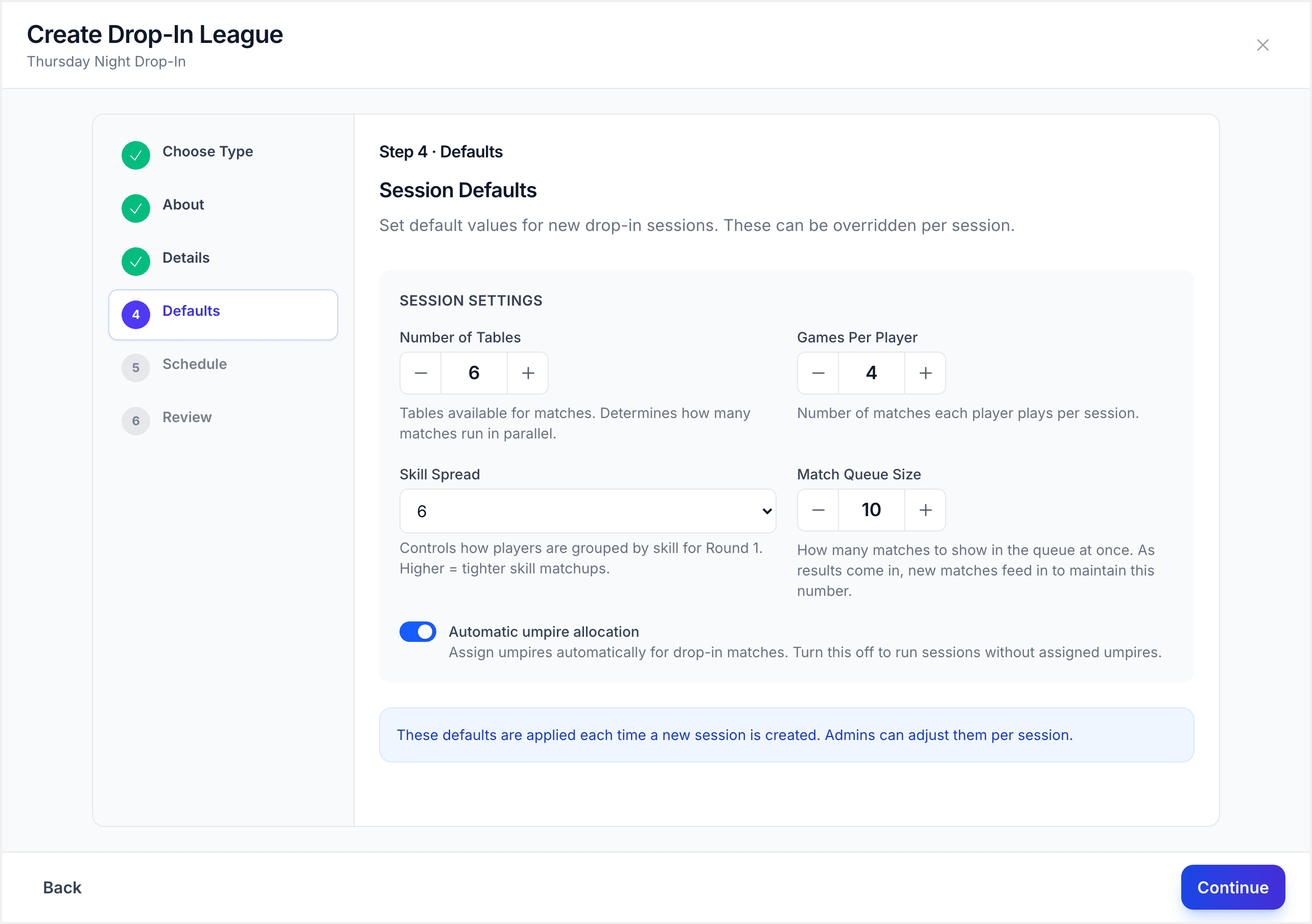 Defaults configuration showing table count, games per player, divisions, and flex matches