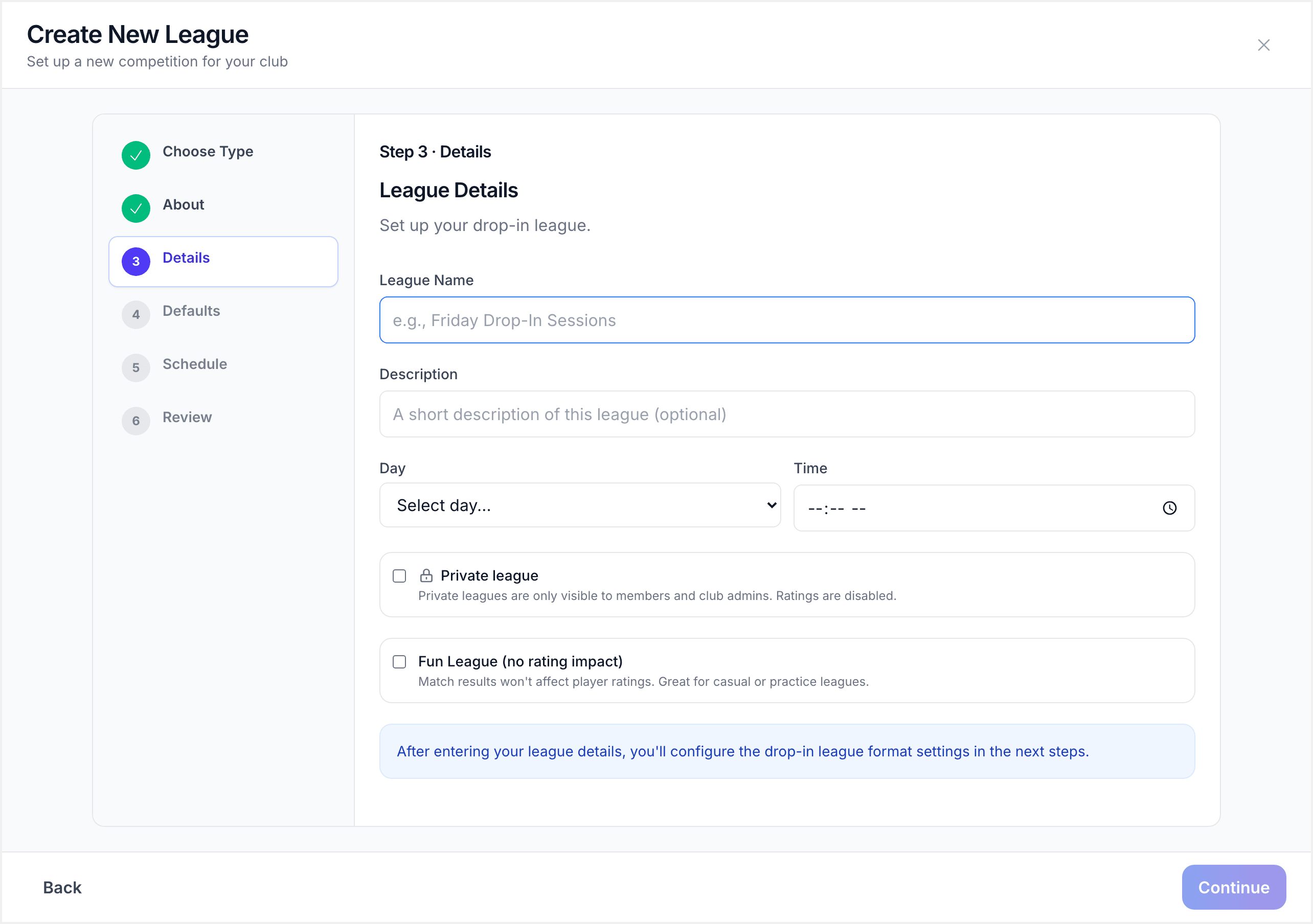 Drop-in league details form with name and schedule fields
