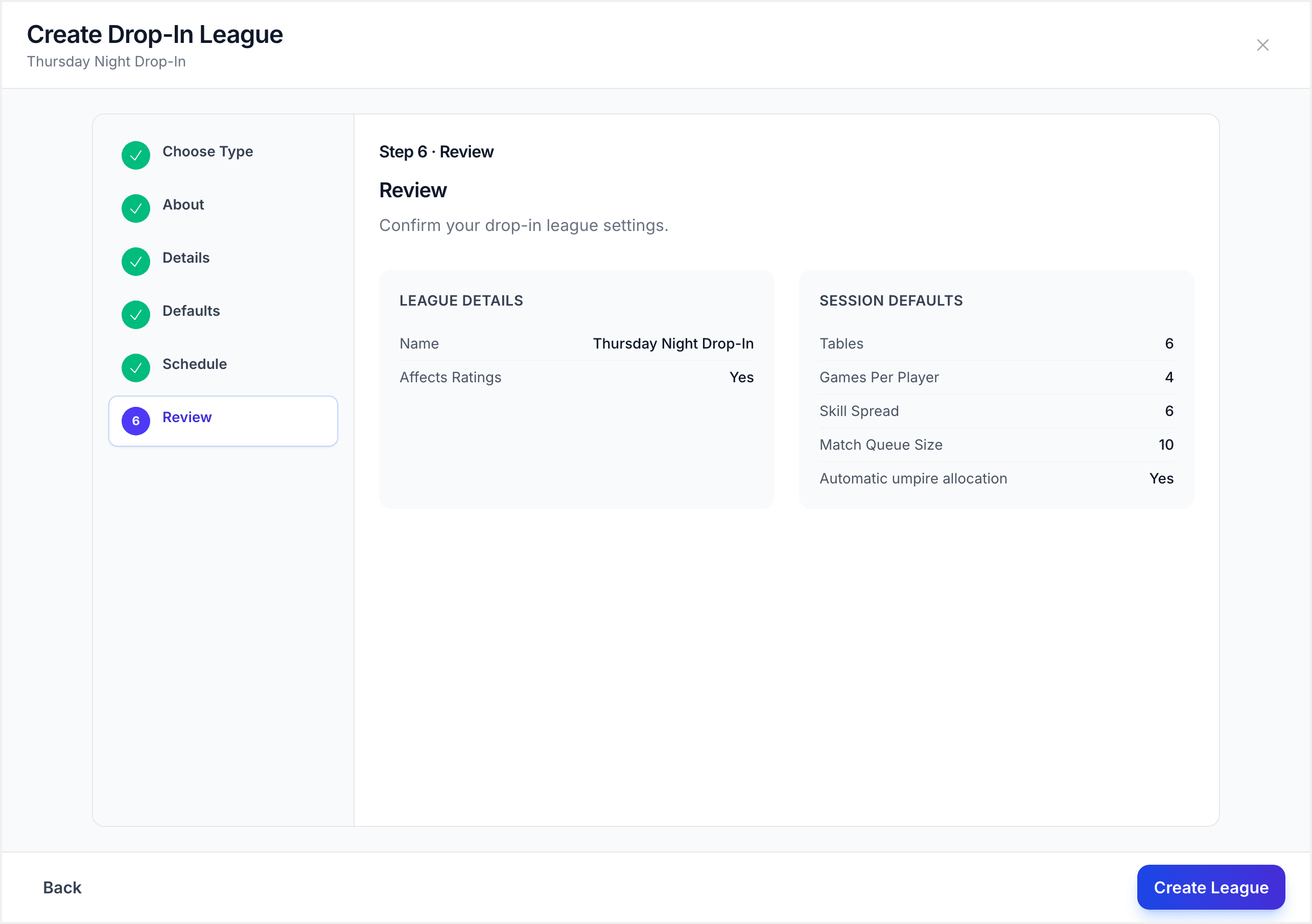 Review step showing all drop-in league settings