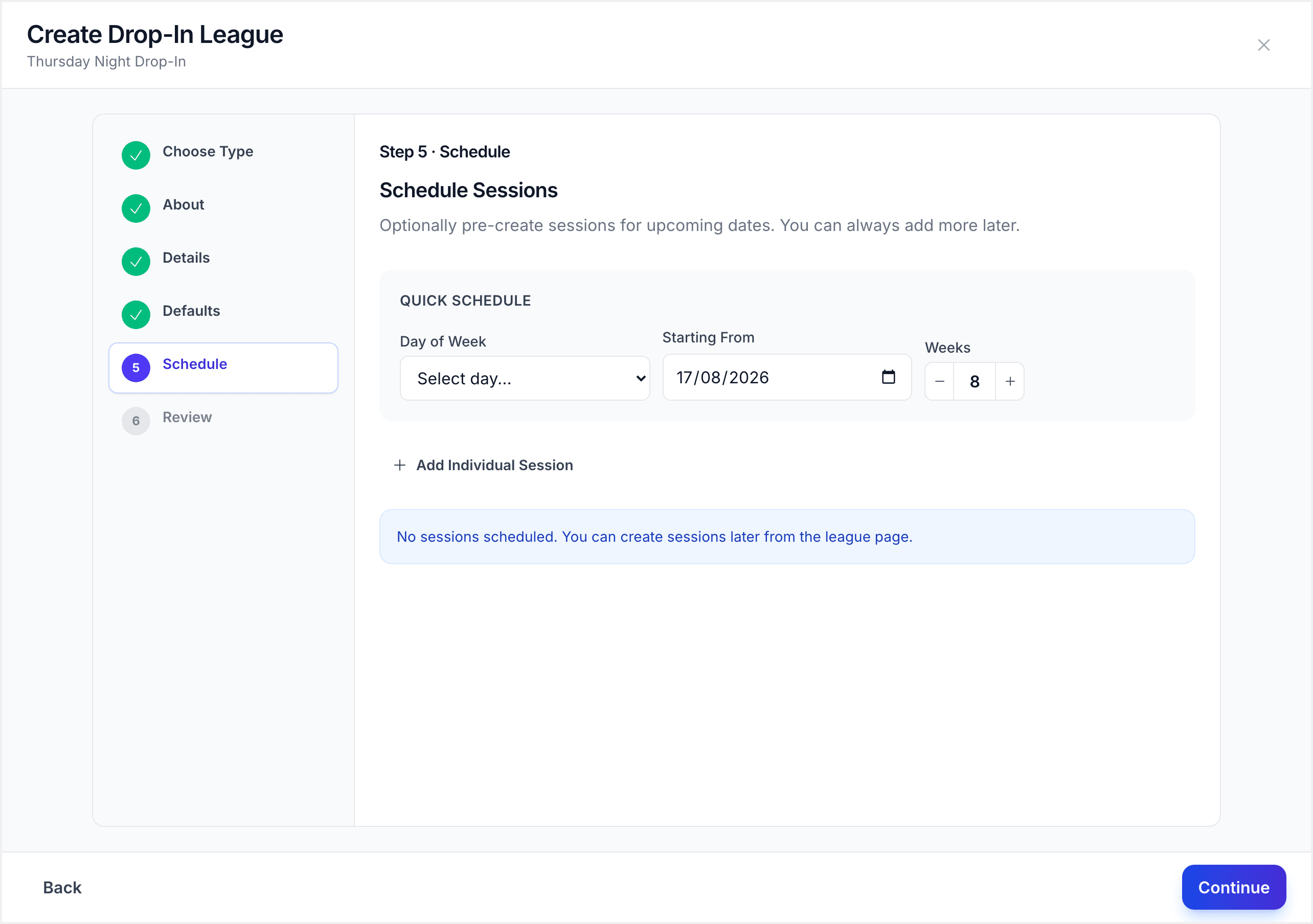 Schedule configuration showing recurring session setup with dates