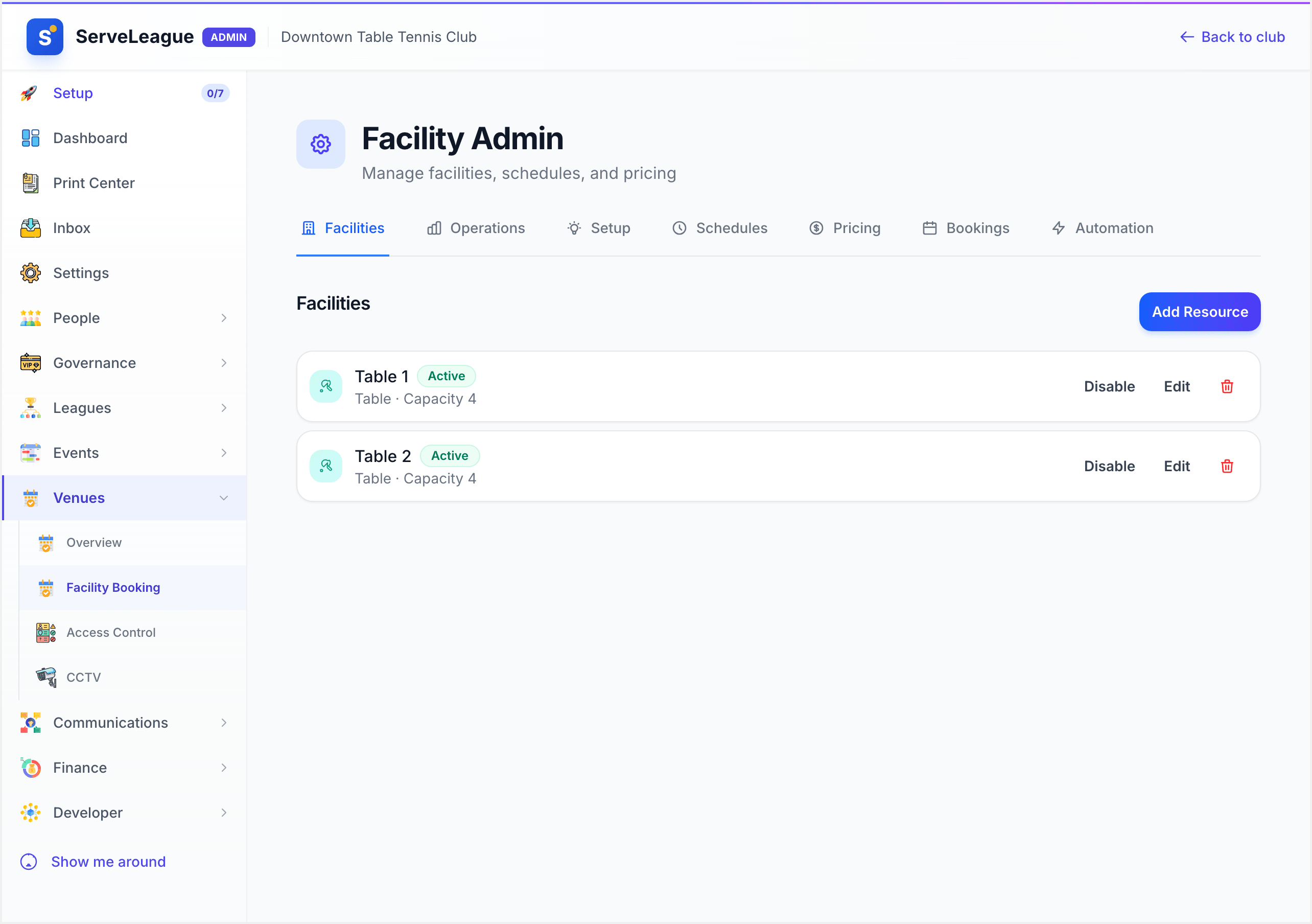 Booking admin page showing facilities, schedules, and pricing tabs
