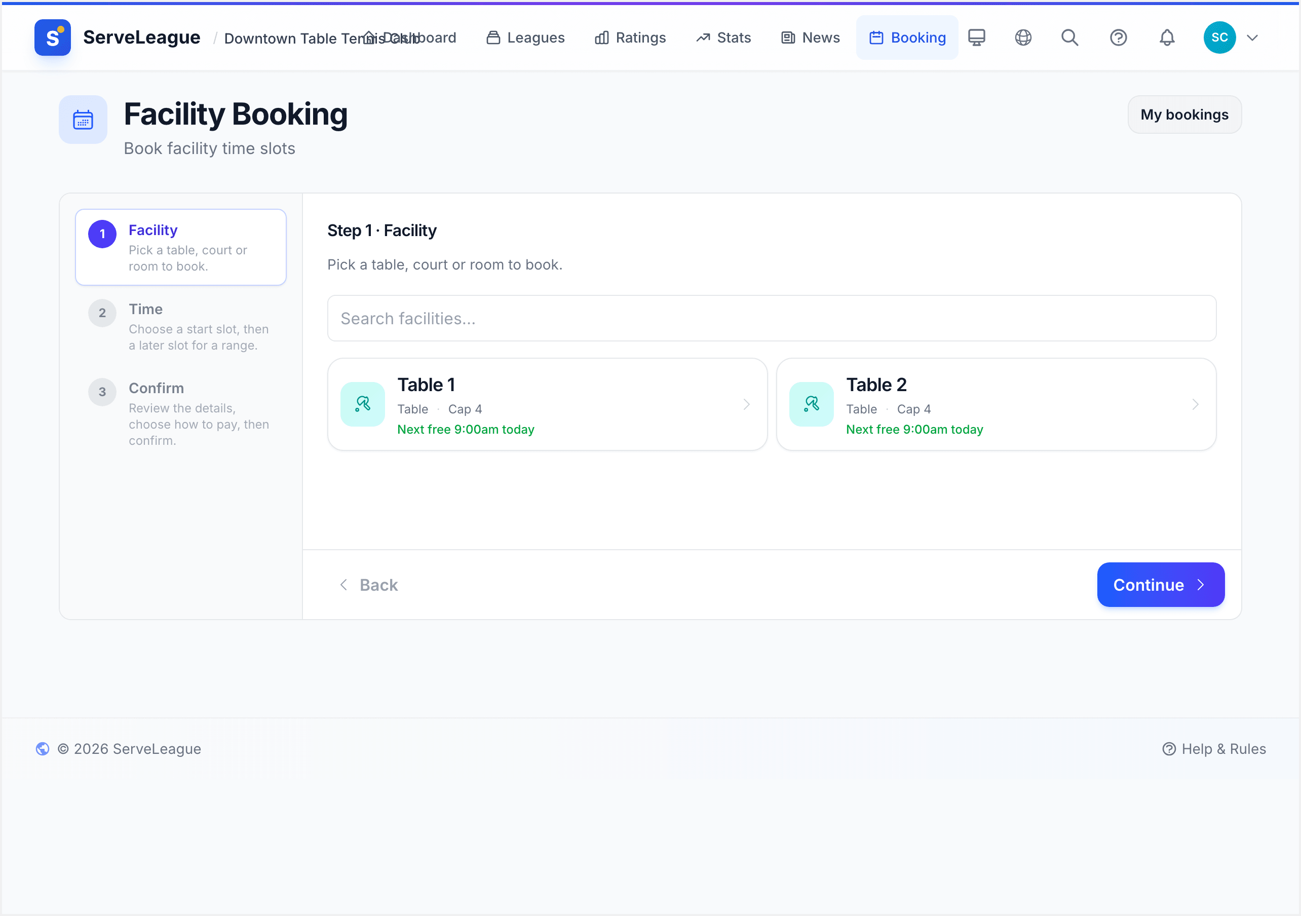 Facility booking page with Table 1 and Table 2 listed under Main Hall