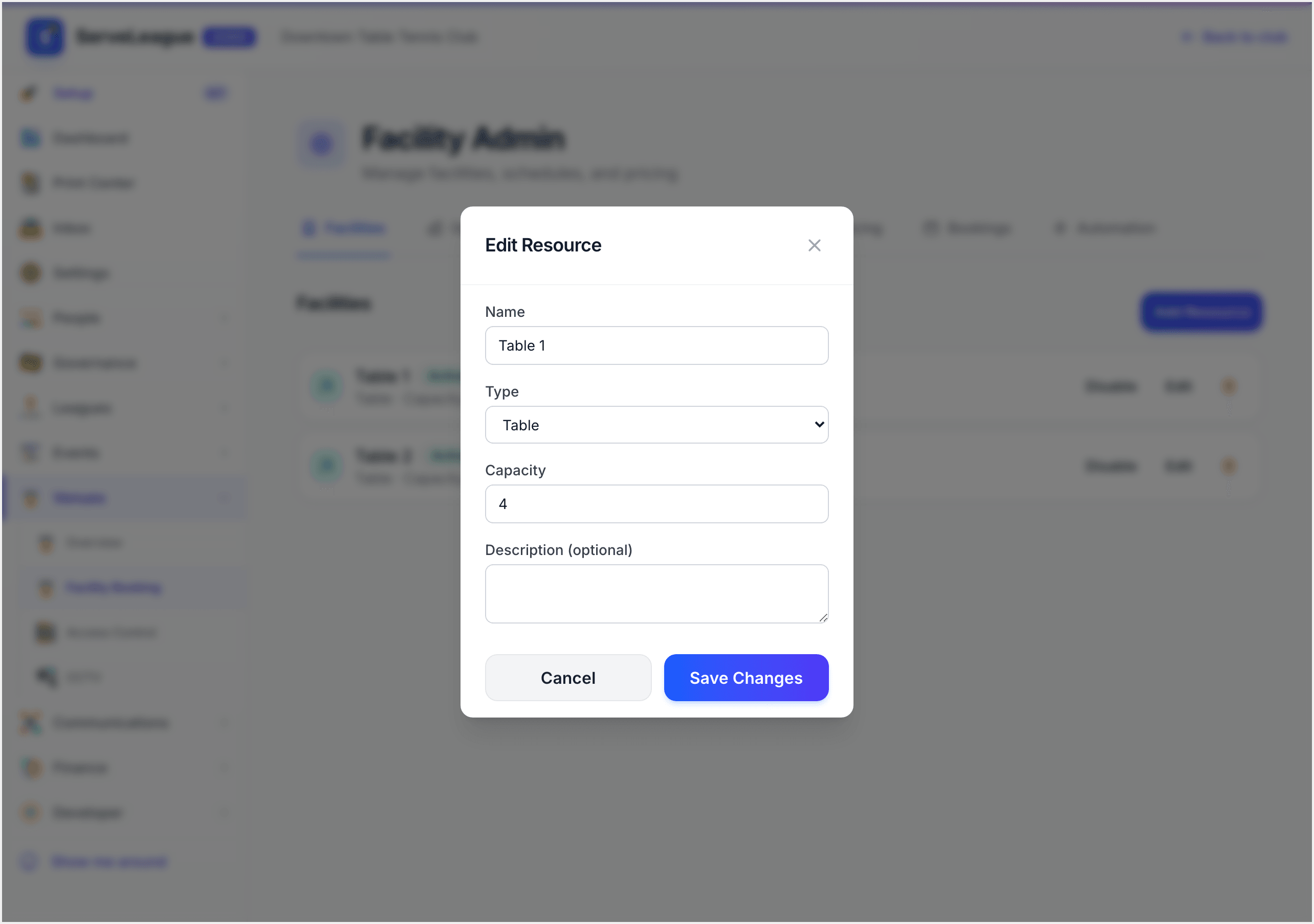 Edit Facility form showing name, type, capacity, and description fields