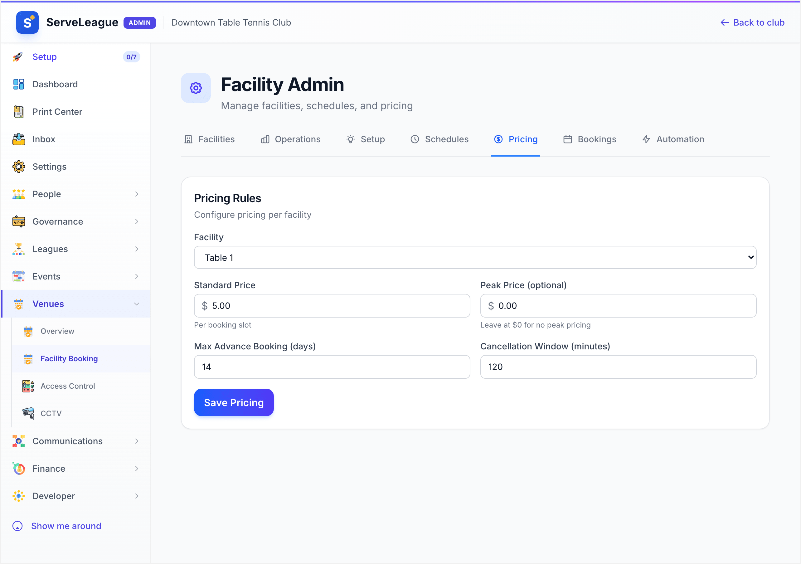 Pricing tab showing per-slot price, advance booking, and cancellation settings