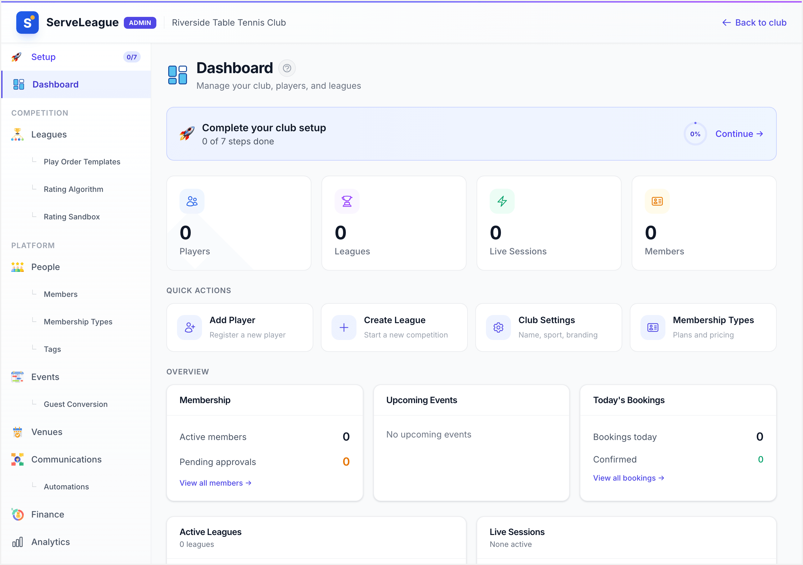 Club admin dashboard after creation showing stats, quick actions, and sidebar