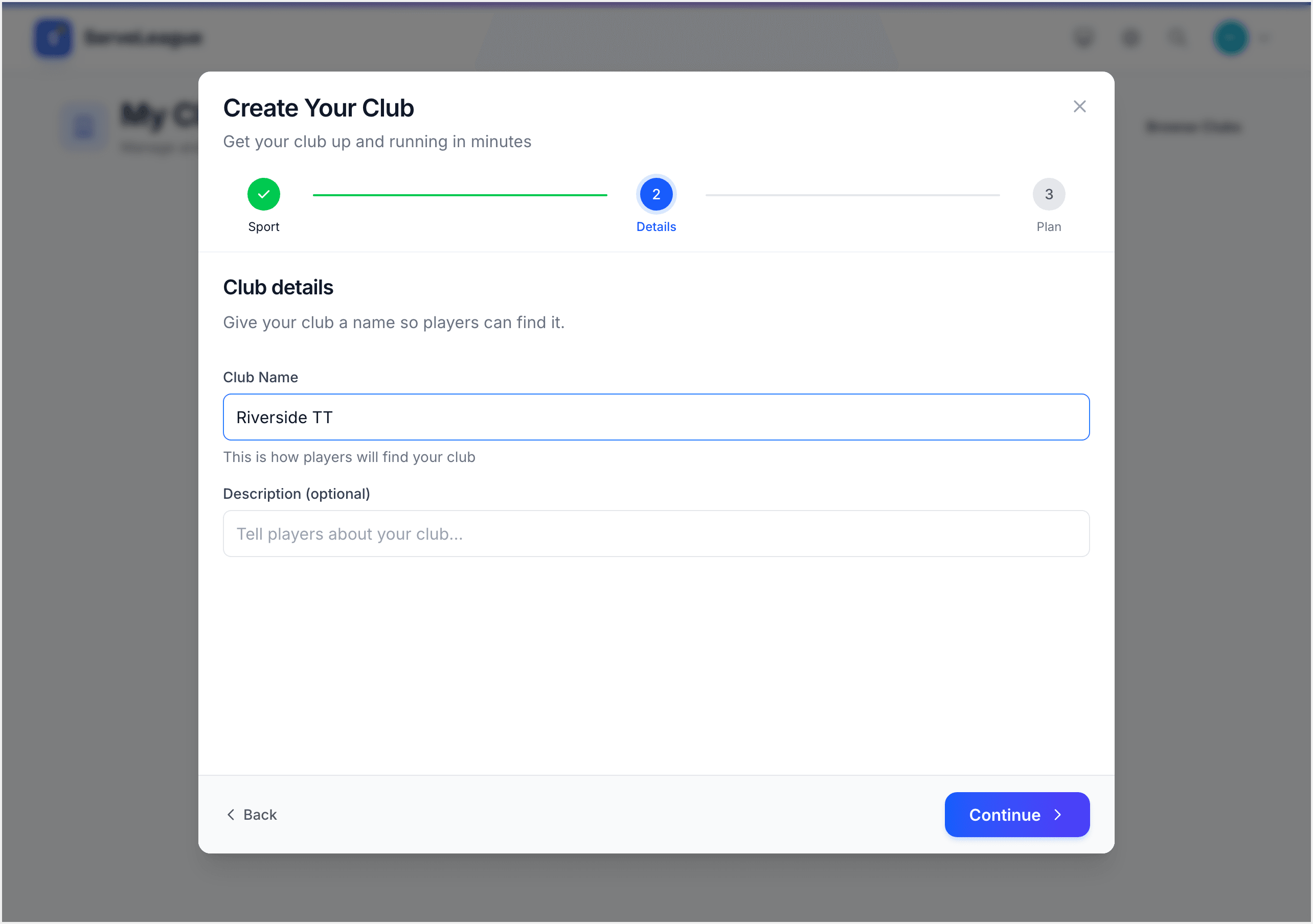 Club details form with name and description fields