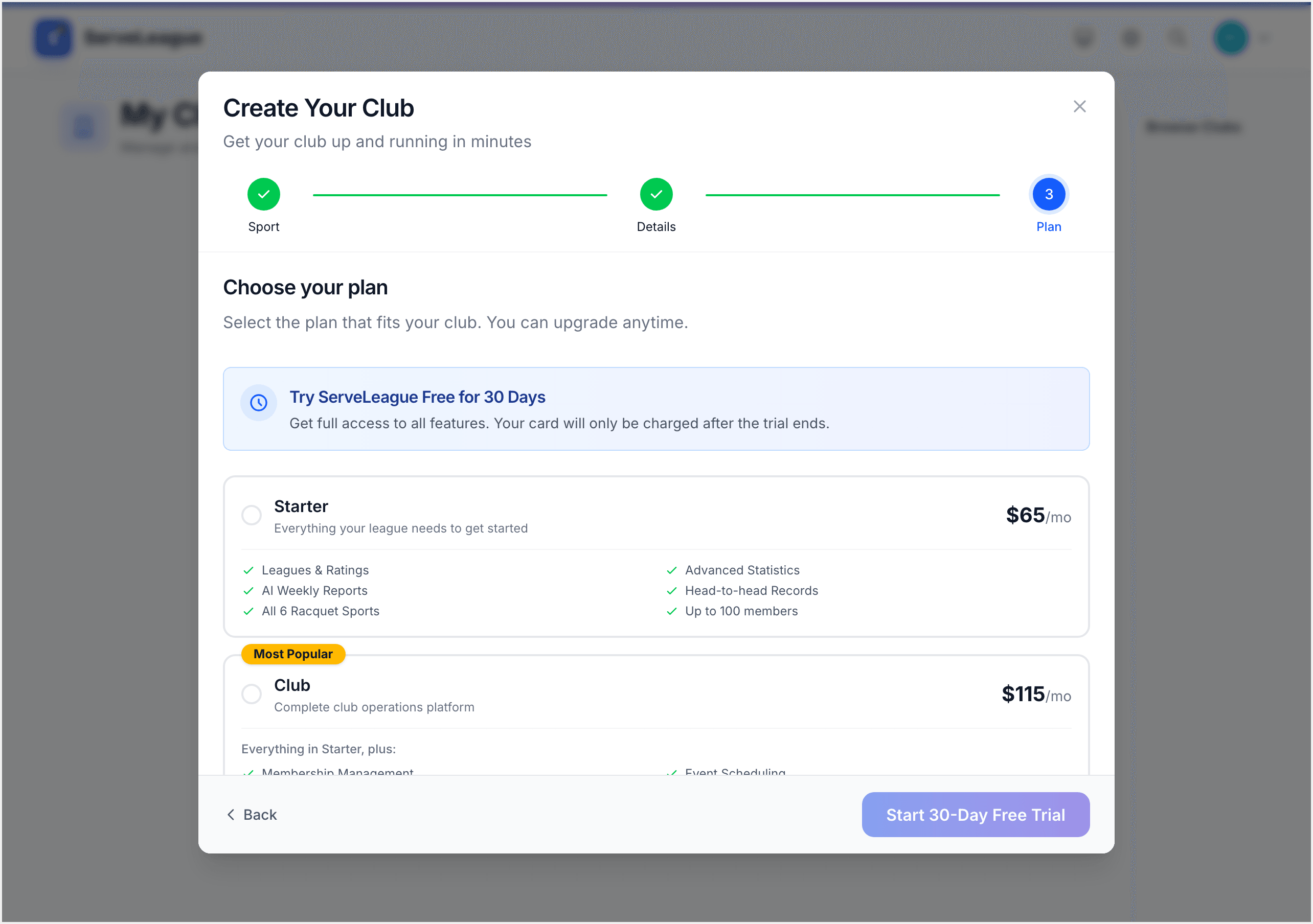 Plan selection cards showing available subscription tiers