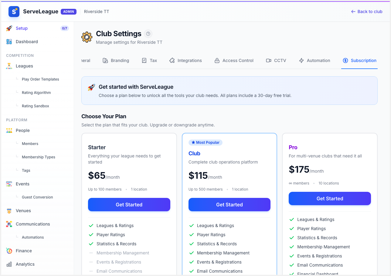 Subscription settings tab