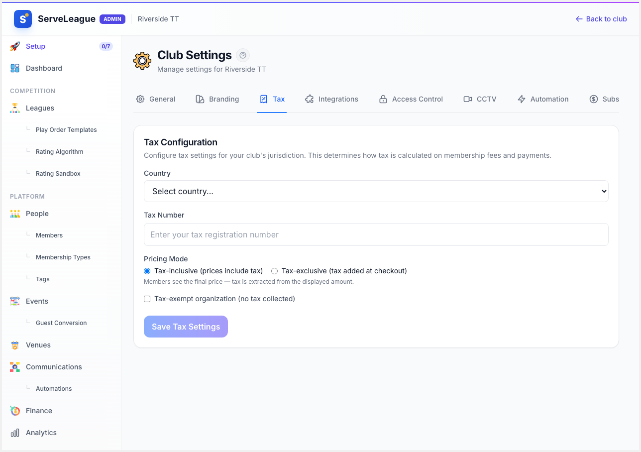 Tax settings tab