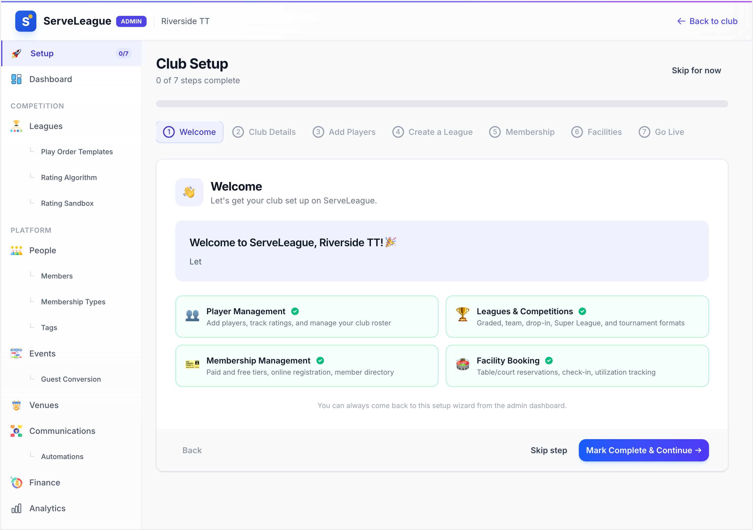 Setup wizard checklist in the admin sidebar
