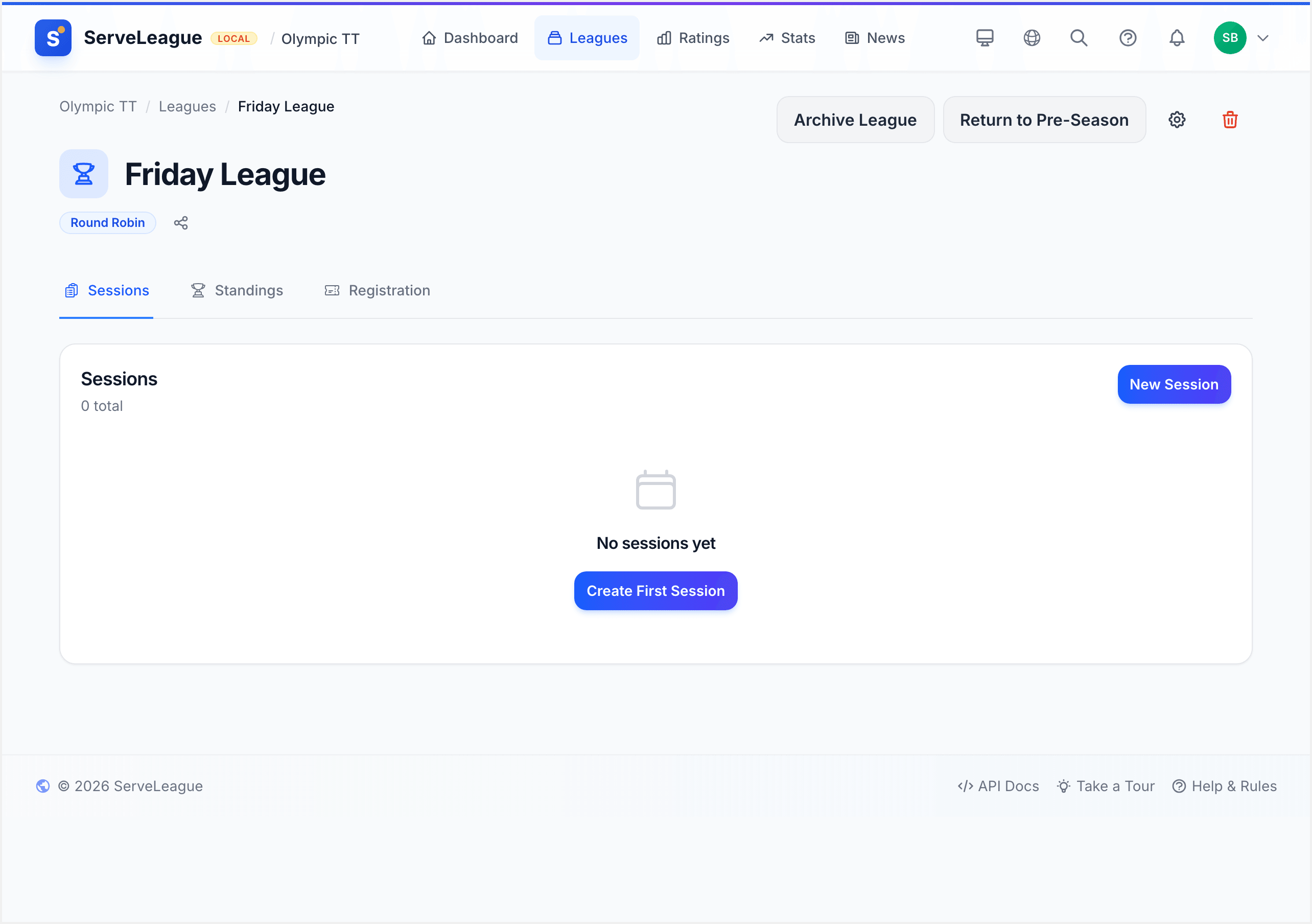PDF export button in the Print menu on a league page