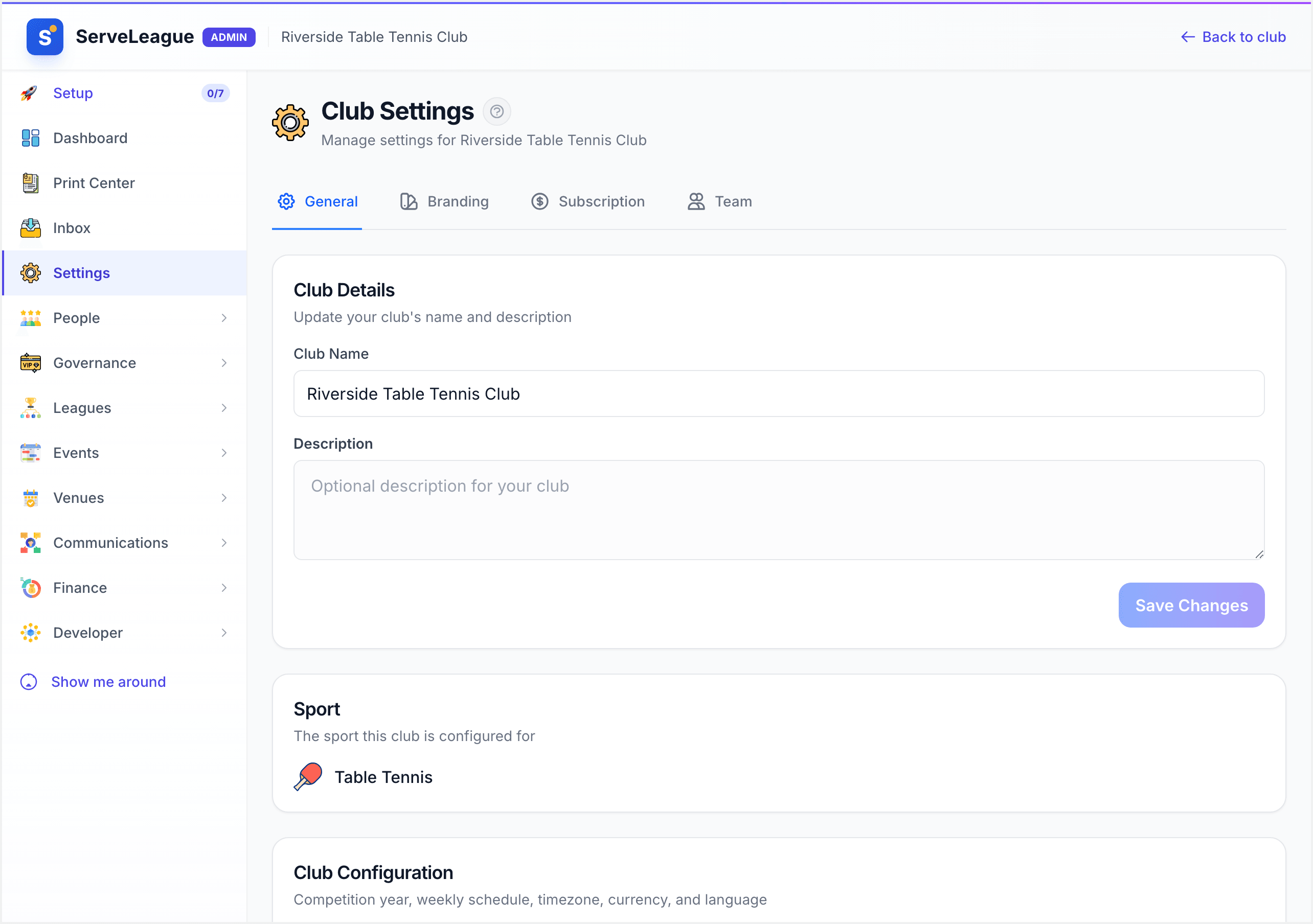 Club Settings showing the General, Branding, Subscription, and Team tabs