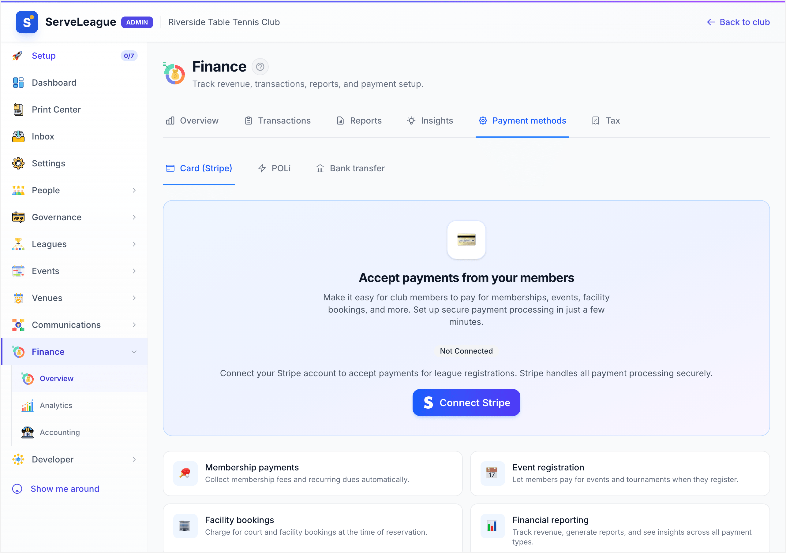 The Card (Stripe) payment method panel under Admin, Finance, Payment methods
